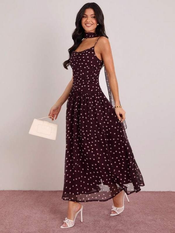 Women's Brown White Polka Dot Sleeveless Dress with Neck Ribbon product image (5)
