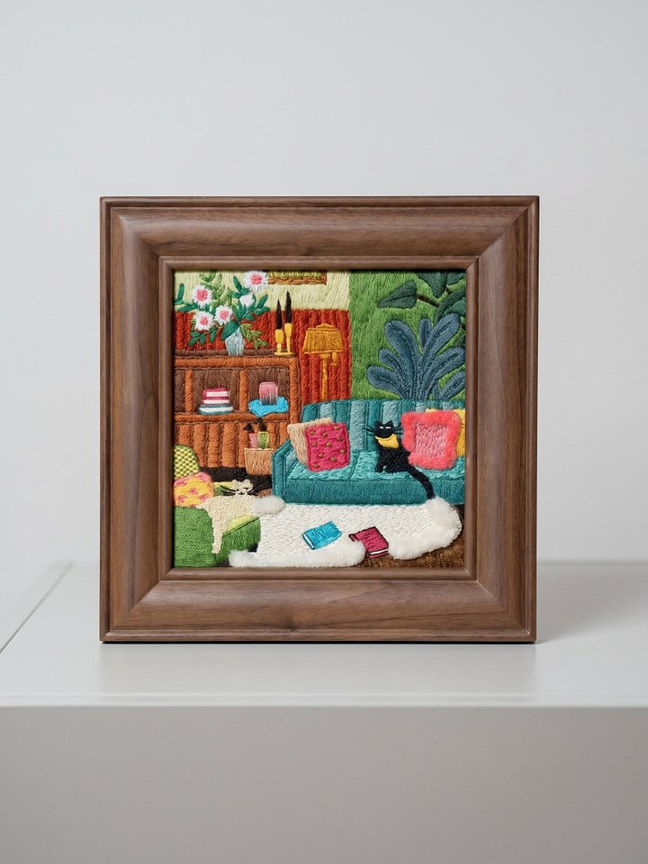 Alice's Cheshire Cat Impression Embroidery Artwork in Premium Solid Wood Frame product image (1)