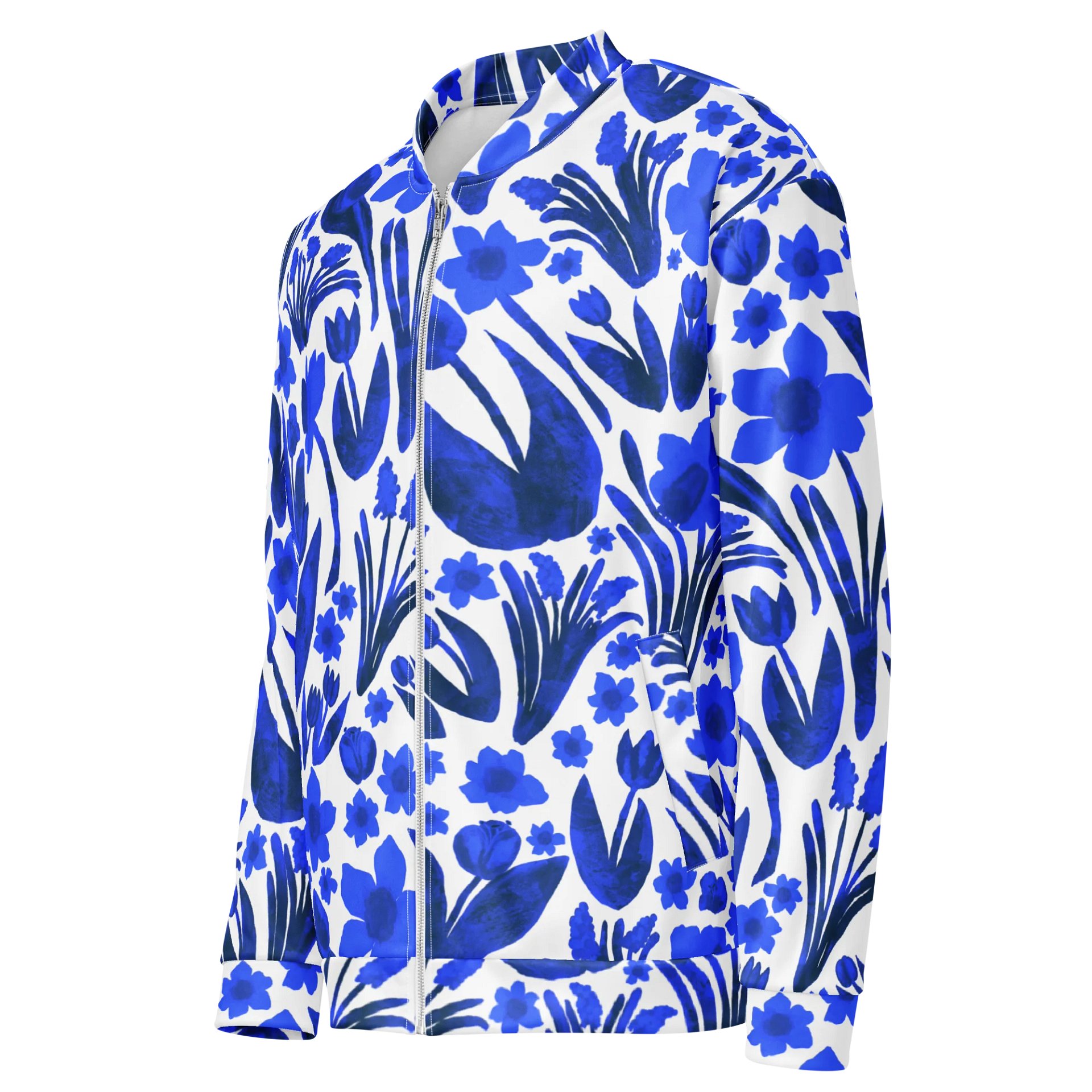 Spring Garden, Royal Blue on White | Unisex Bomber Jacket | Monique Faella Designs™ product image (3)