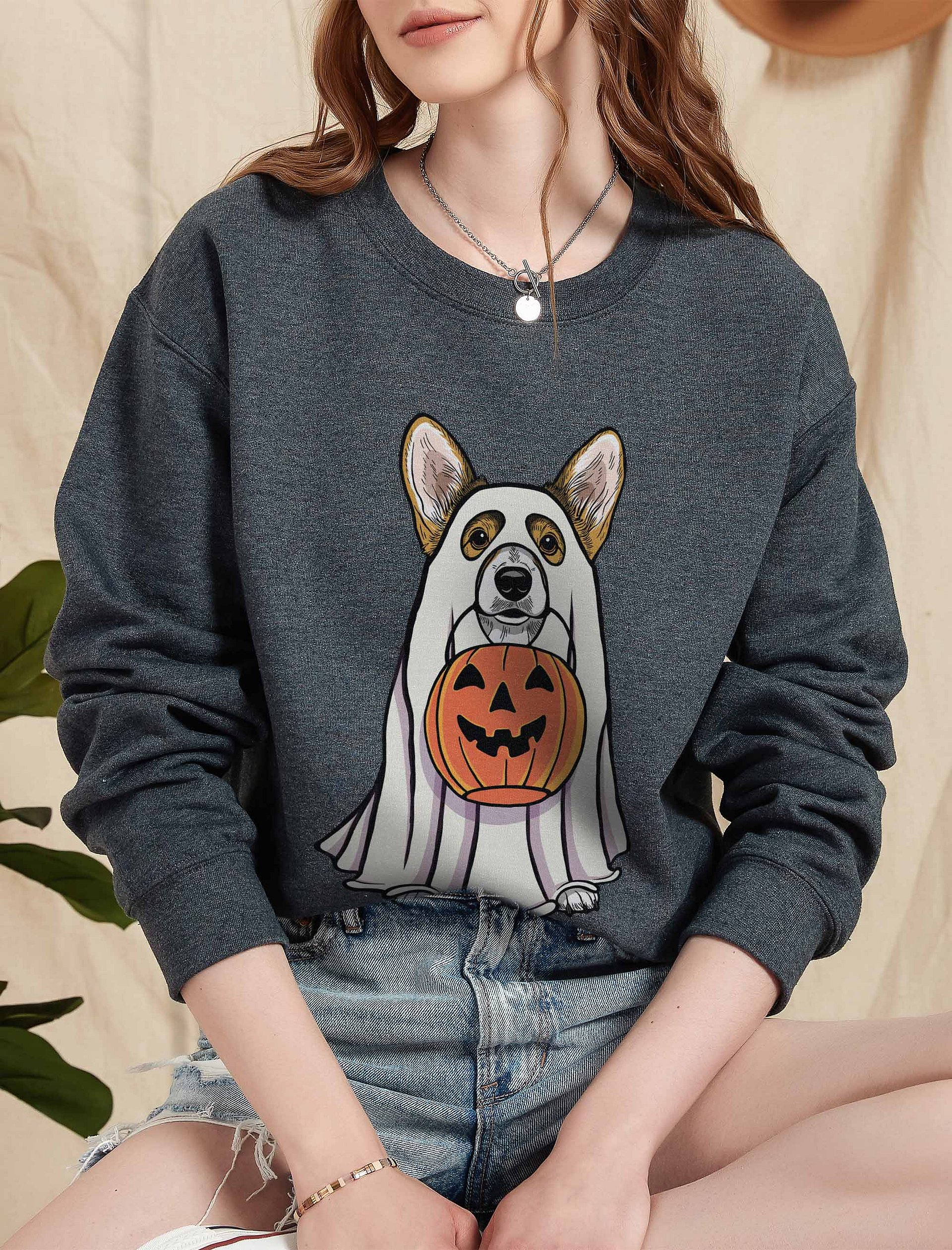 Funny Halloween Pembroke Welsh Corgi(Sable) Sweatshirt | Funny Corgi Wearing a Ghost Costume and Holding a Pumpkin Basket product image (2)