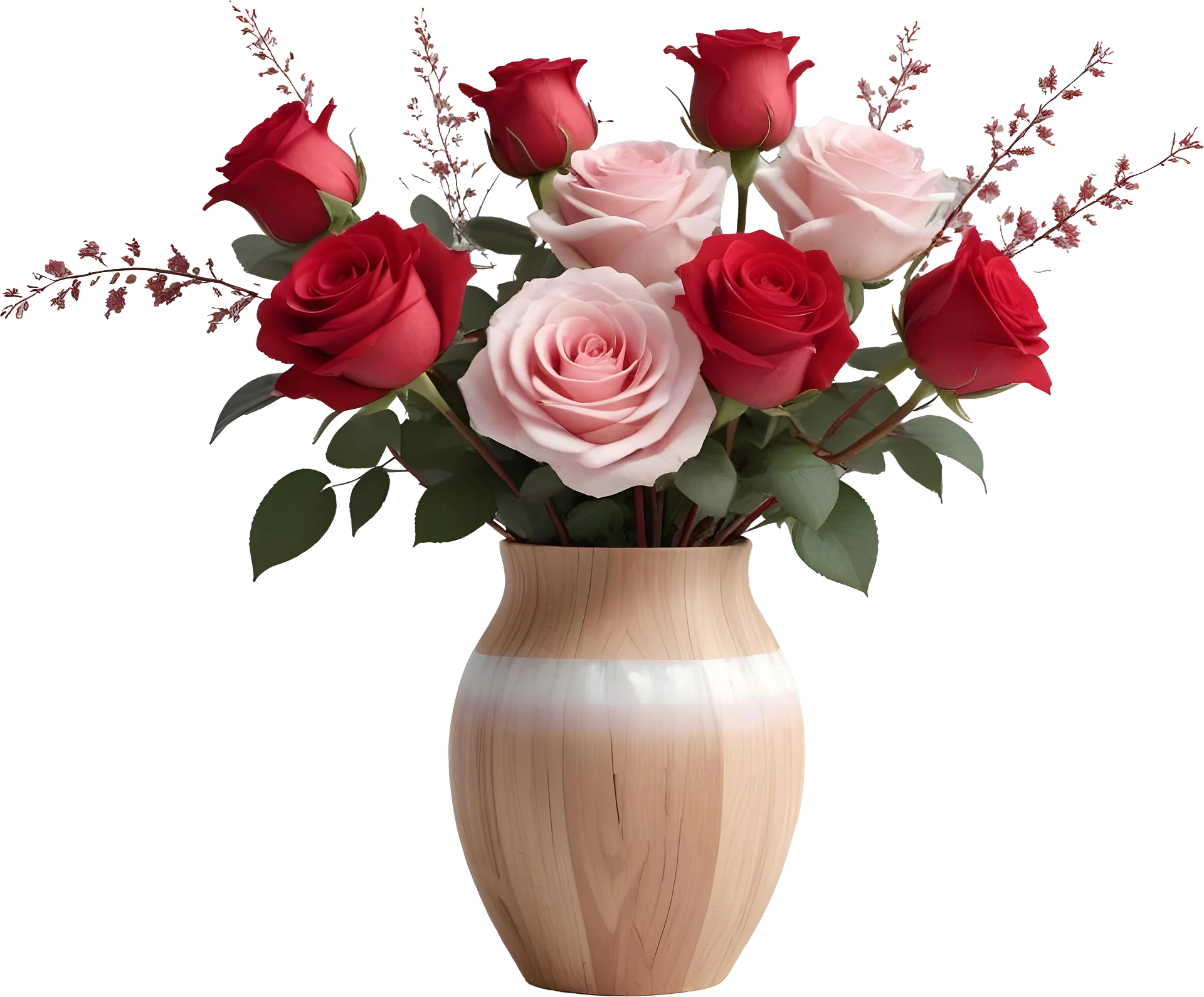 Blossoming Elegance – Soft Wood Vase with Roses PNG product image (1)