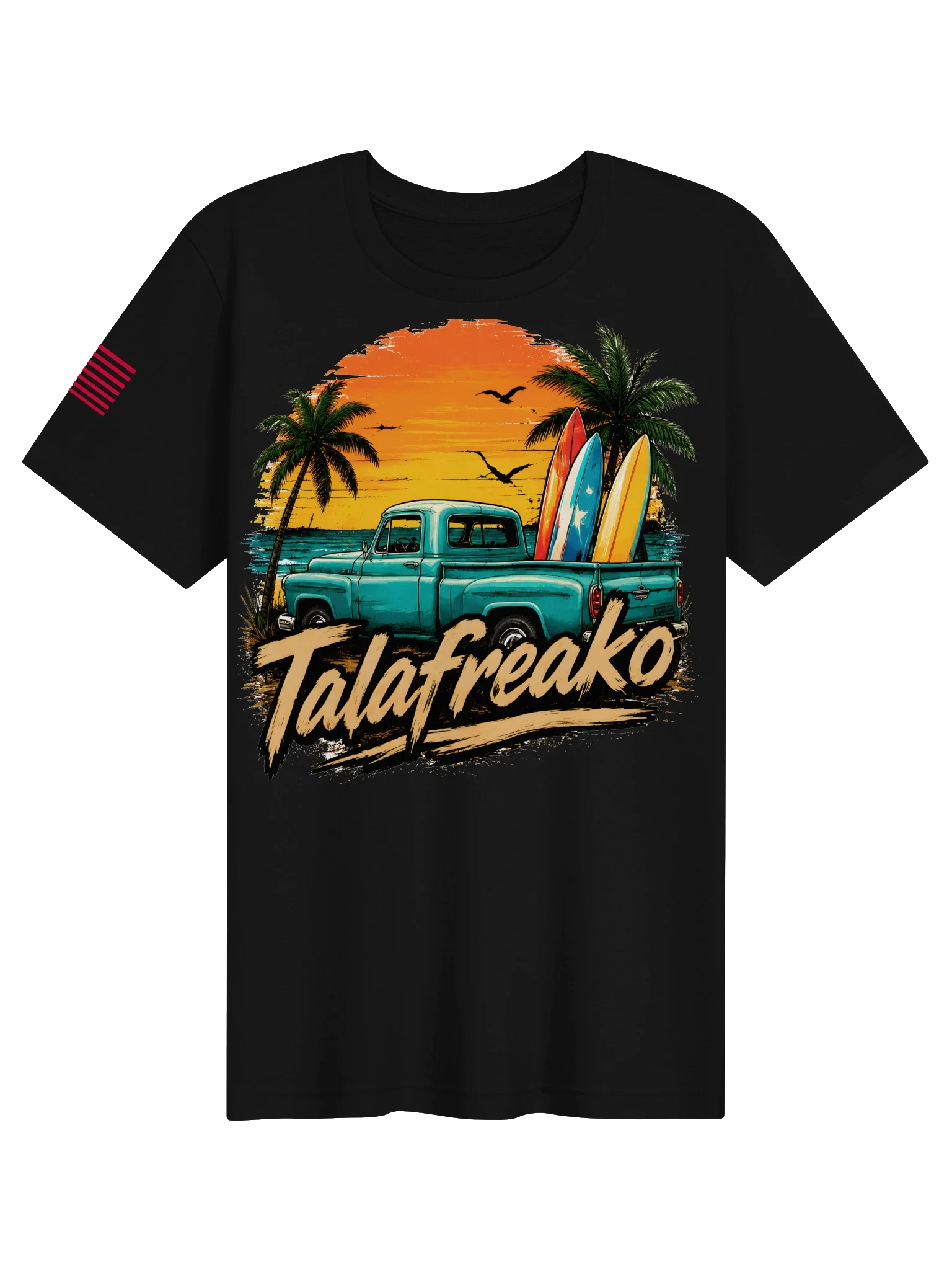 Talafreako beach tee: a vintage teal pickup hauling surfboards under an orange sunset, lone star board in the bed. Retro coast style, printed in the USA.