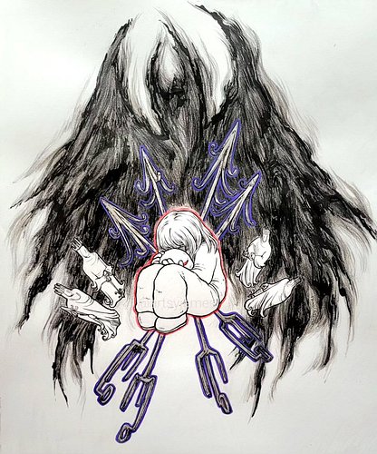 A weird combination of imagery taken from a recent dream. A child running away from a kidnapper. Giant metal spears of ethere...