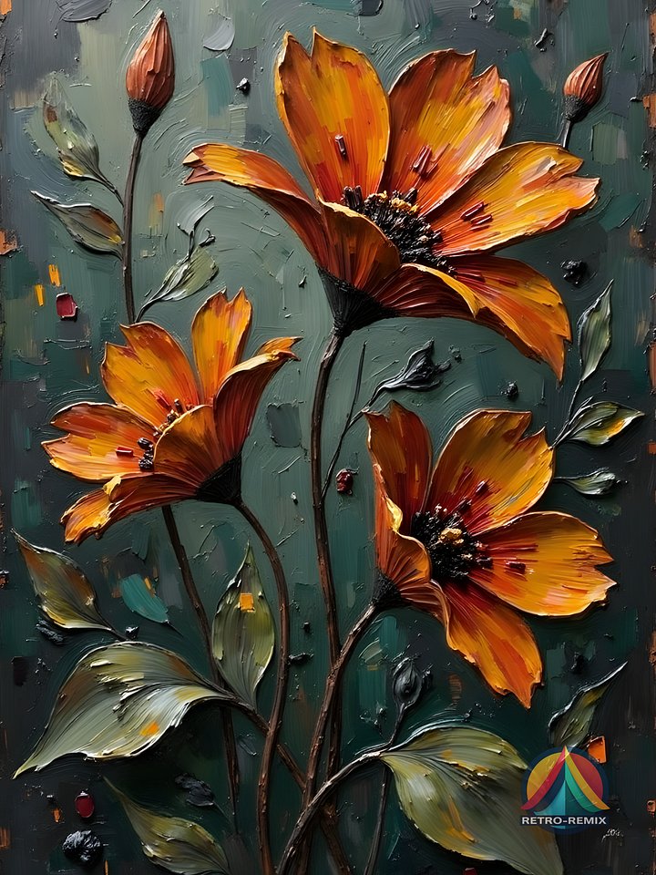 Golden Ember – Moody Retro Floral Wall Art with Textured Burnt Orange Petals on Deep Teal product image (1)