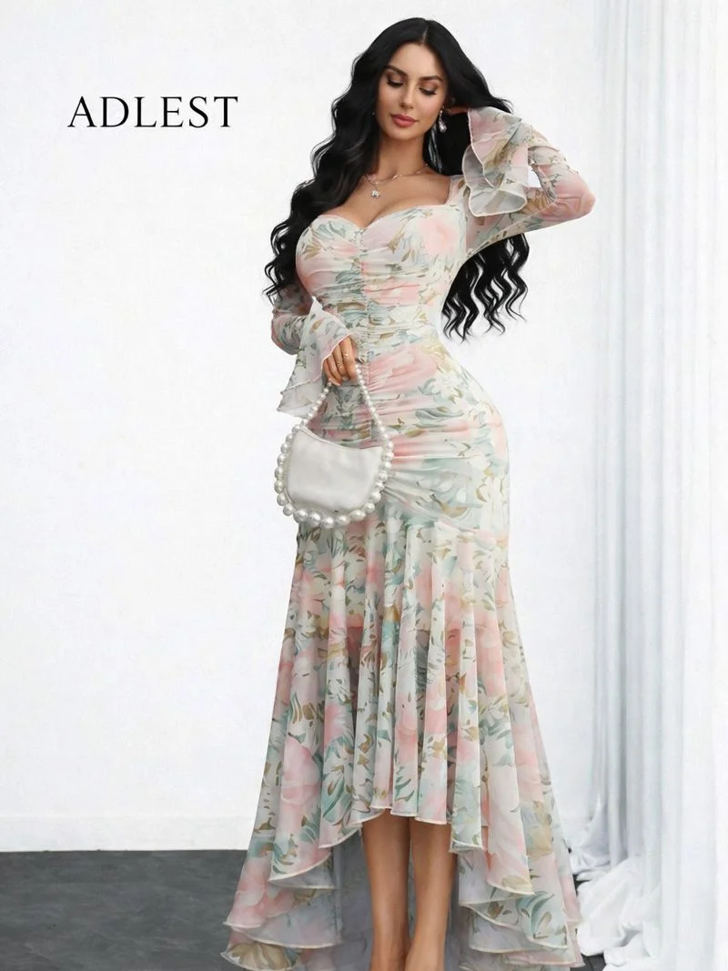 ADLEST Women's Elegant French Romantic Sexy Double-Layer Ruffle Sleeve Cinched Waist Mesh Lace Asymmetrical Dress product image (2)