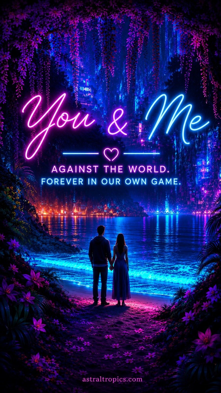 You & Me Against the World Neon Cyberpunk Love Poster, Romantic Couple Fantasy Wall Art product image (1)