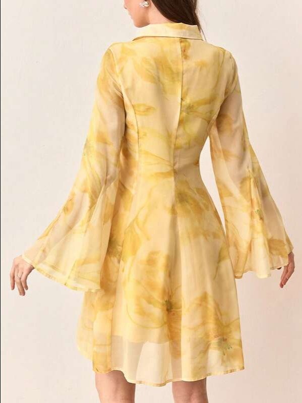 BELROSIE Tie Dye Floral Print Chiffon Collared A-Line Short Dress Dinner Brunch Vacation Garden Party Tea Party Tea Date Birthday Autumn Elegant Romantic product image (9)