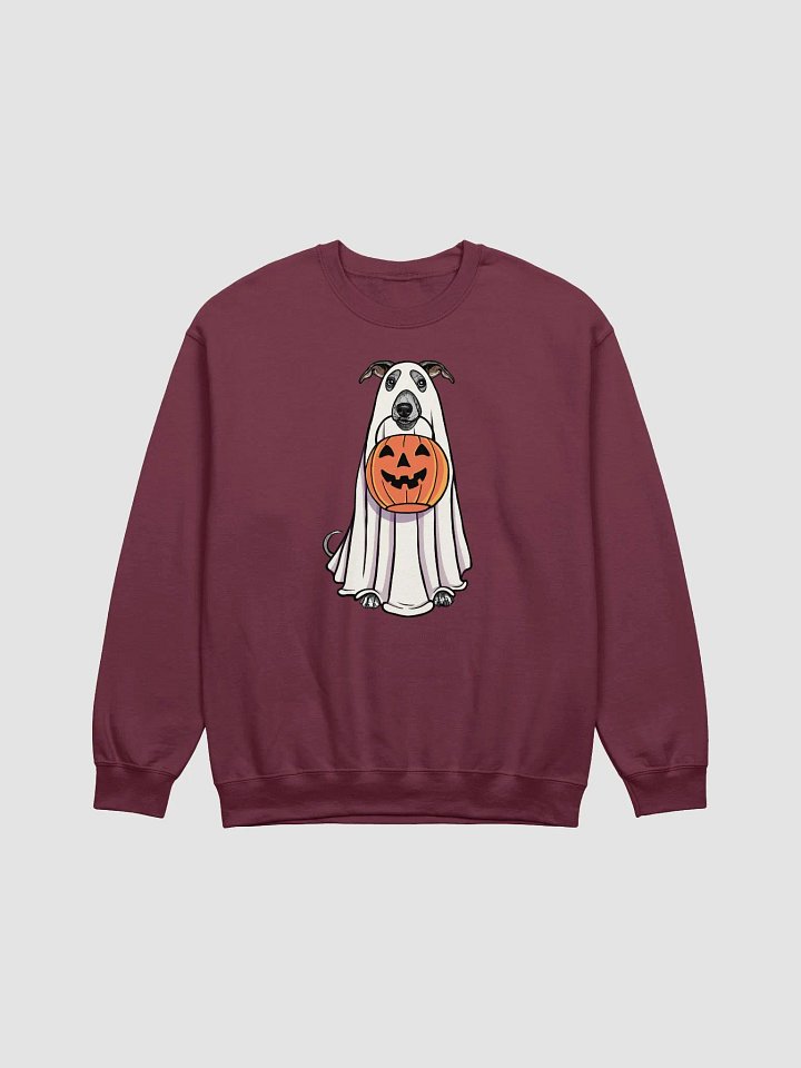 Funny Halloween Whippet Sweatshirt | Funny Dog Wearing a Ghost Costume and Holding a Pumpkin Basket product image (1)