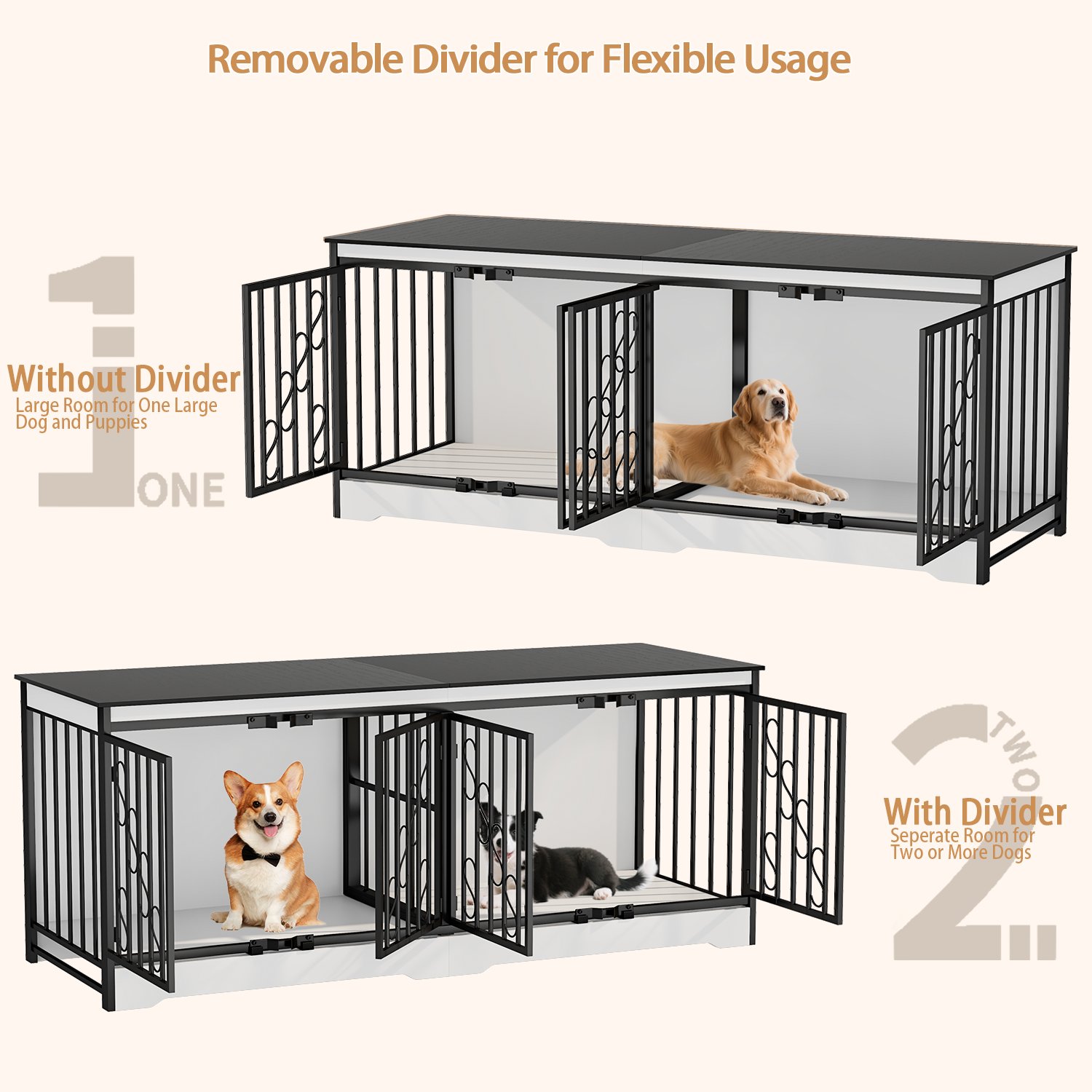 71 Inch Double Dog Crate Furniture, Extra Large Dog Kennel Indoor for 2 Dogs, Heavy Duty Wooden Dog House with Divider, Pet House Decorative as Table & TV Stand for XL arge Dogs ( White) product image (6)