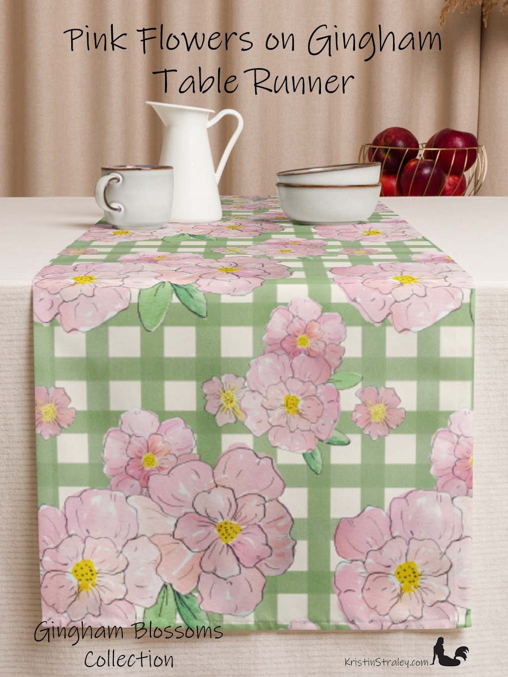 Gingham Blossoms Pink Flowers on Gingham Table Runner product image (1)