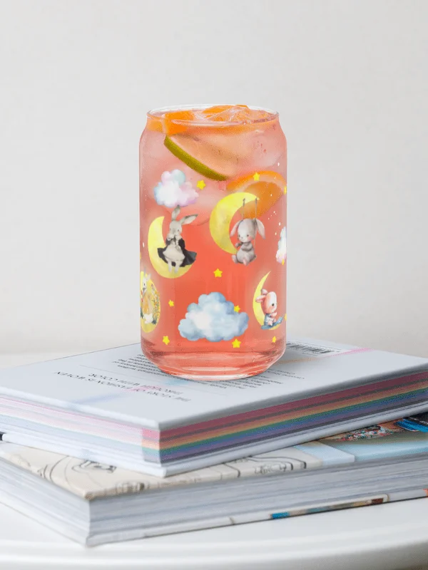 Bunny on the Moon Glass Sipper Can with Bamboo Lid & Straw – 16 oz | Whimsical Rabbit-Themed Can Glass | Cute Moon & Stars Design | Perfect for Iced Coffee, Smoothies, and More product image (7)
