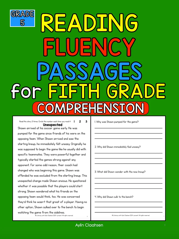 5th Grade Fluency Passages with Comprehension Questions Workbook product image (1)