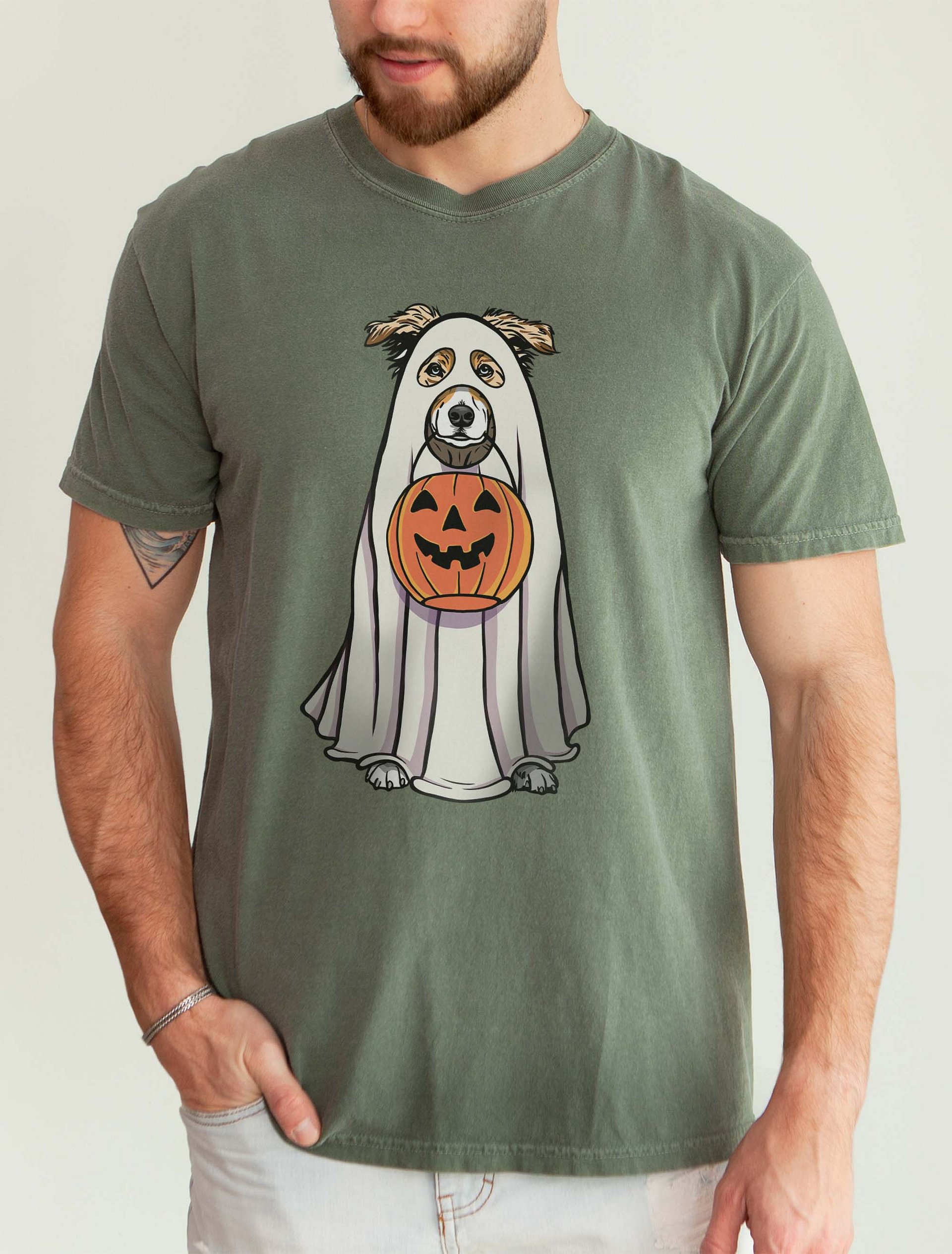 Funny Halloween Australian Shepherd(Red Merle)T-Shirt | Funny Aussie Wearing a Ghost Costume and Holding a Pumpkin Basket product image (2)