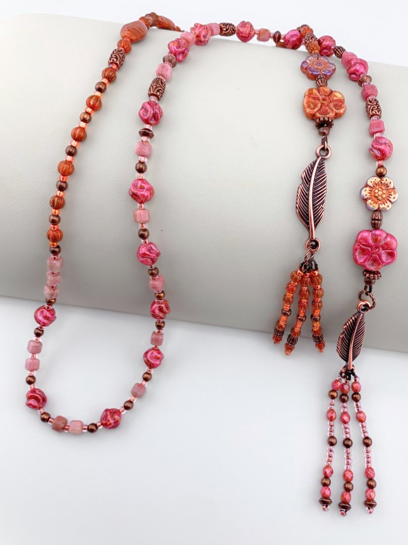 Pink and Orange Glass Beaded Fringe Lariat Style Necklace Set product image (3)