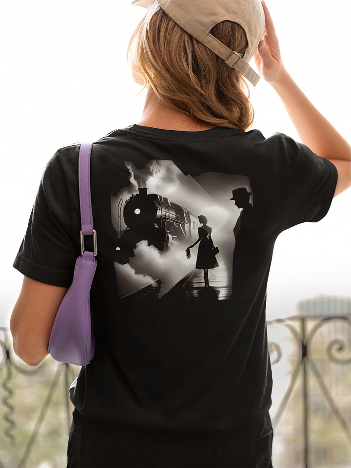 Steamy Departure: Love's Embrace at the Train's Edge (Womens Tee) product image (2)