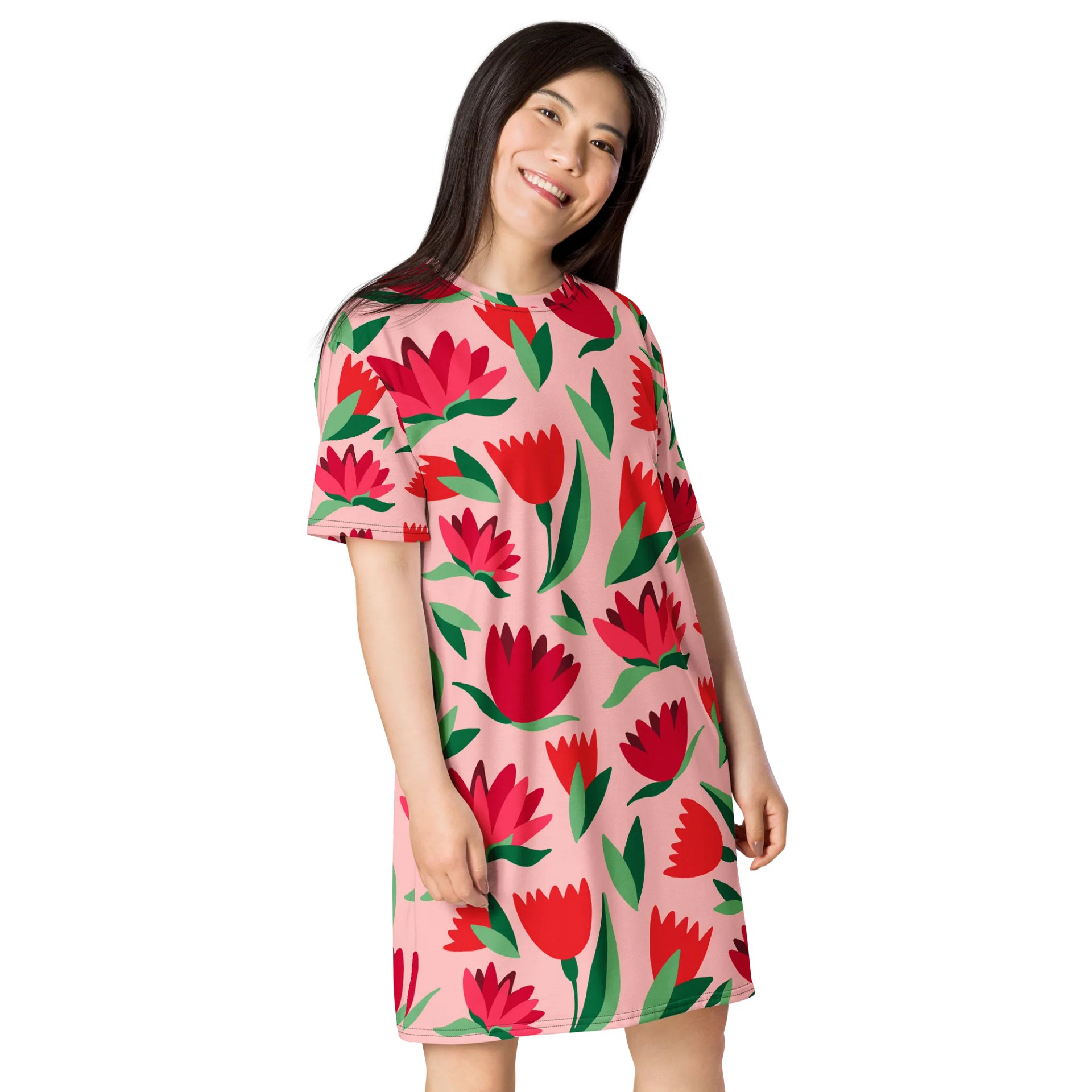 Vibrant Pink Floral T-Shirt Dress - Oversized Trendy Design | TDSMUSIC.com product image (4)