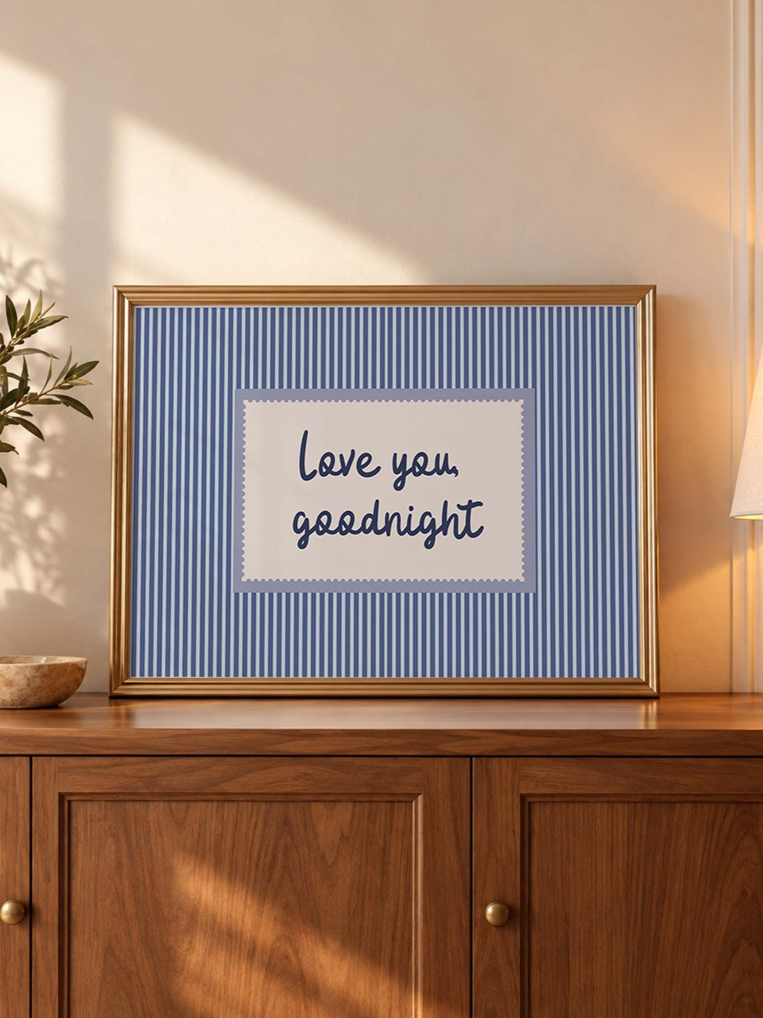 Love You Goodnight Wall Art, Blue Striped Typography Poster, Romantic Bedroom Decor, Horizontal Printable Download product image (3)