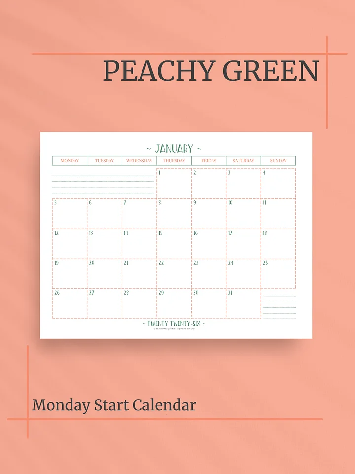 Peachy Green 2026 Calendar - Single Page per Month, Monday Start, Letter Size product image (1)