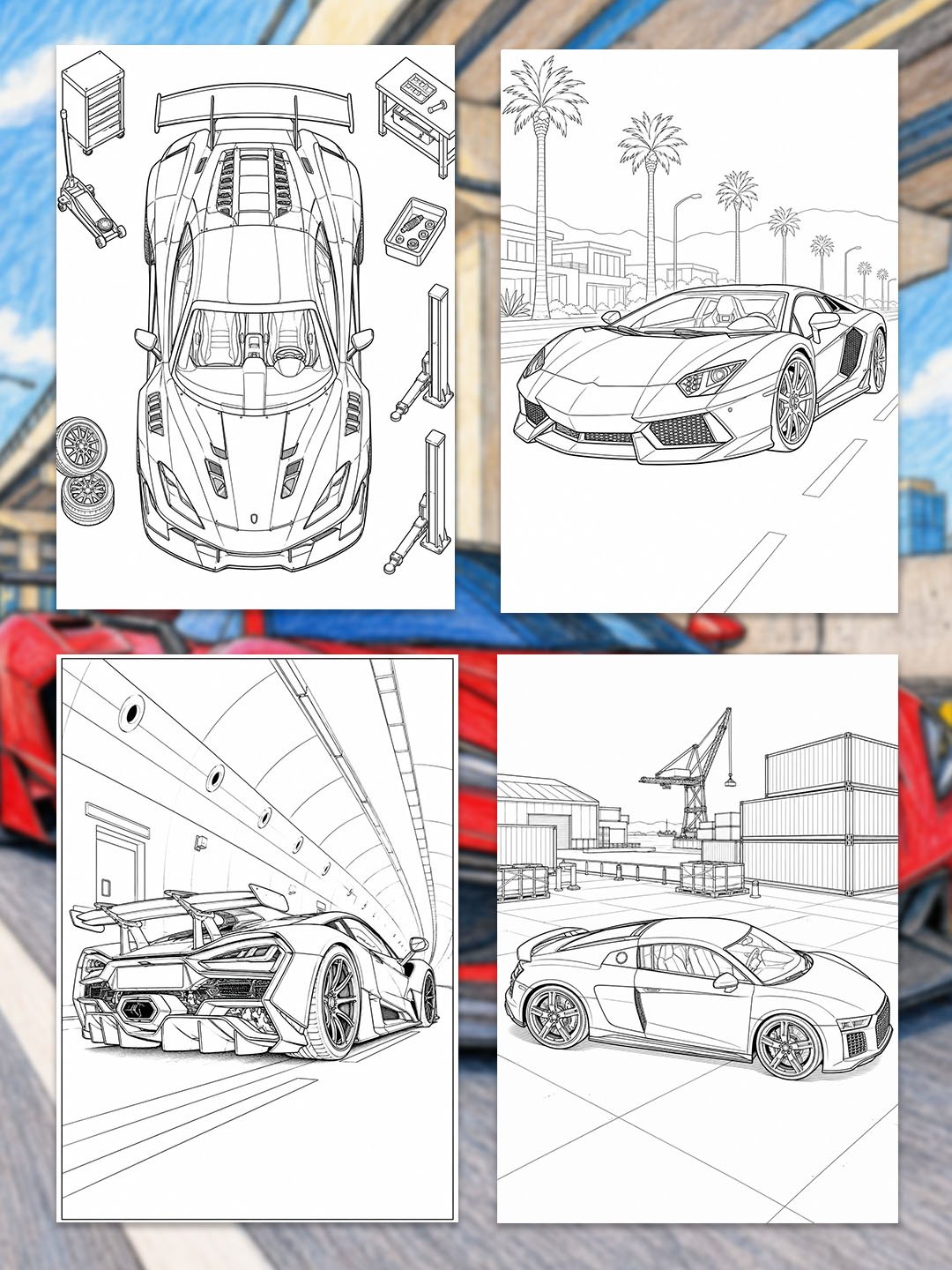 Supercar Coloring Pages Printable | 20 Exotic Sports Car Designs | A3 Automotive Coloring Book PDF for Adults product image (3)
