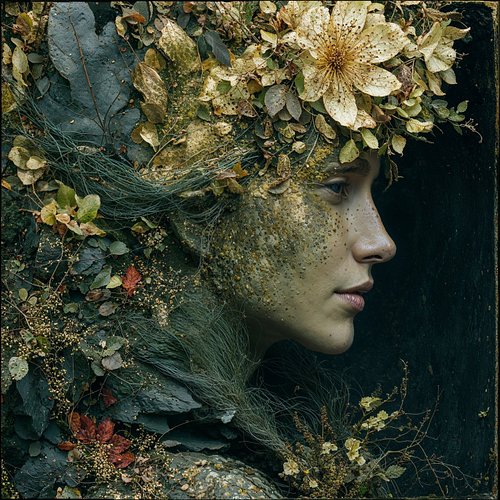 She is what happens when the earth learns to dream. Her skin wears the texture of moss and time, her freckles are constellati...
