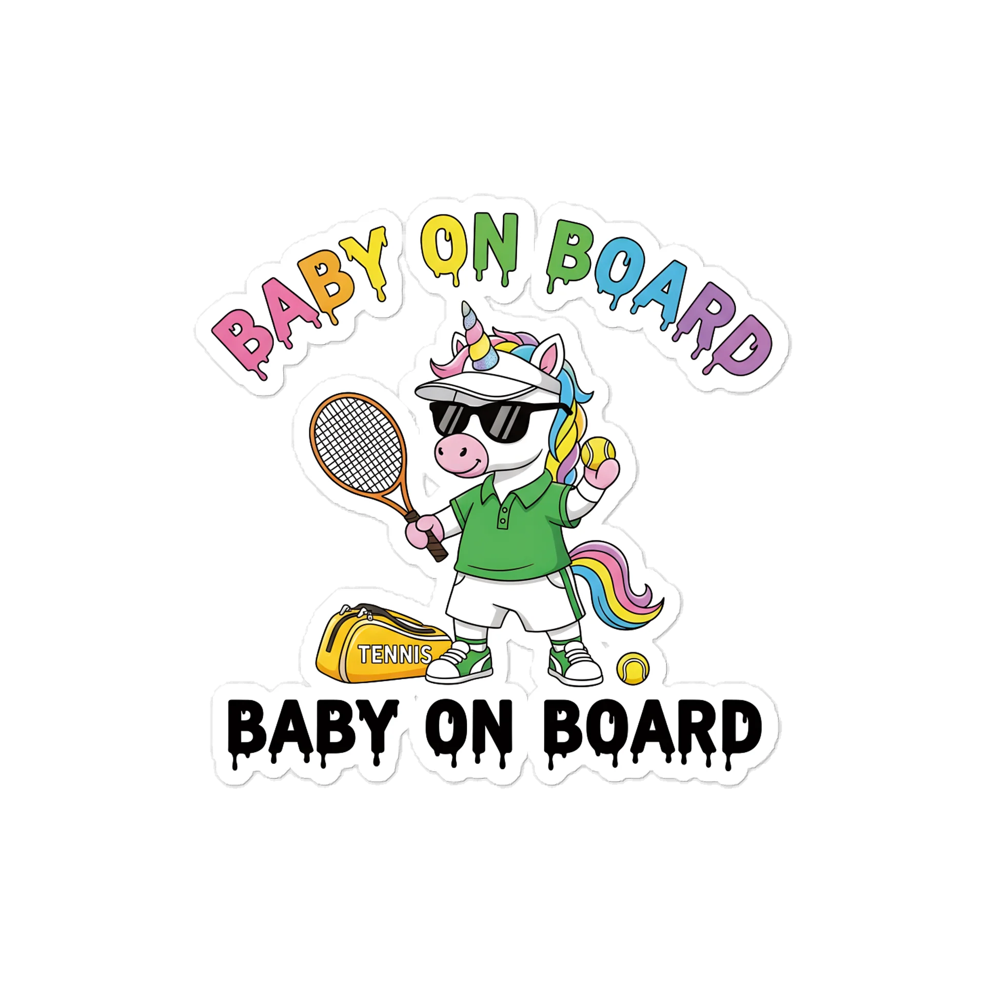 Funny Unicorn Tennis Baby on Board Sticker - 5x5 Weatherproof Vinyl Car Decal - Premium Unicorn Tennis Court Accessory product image (1)