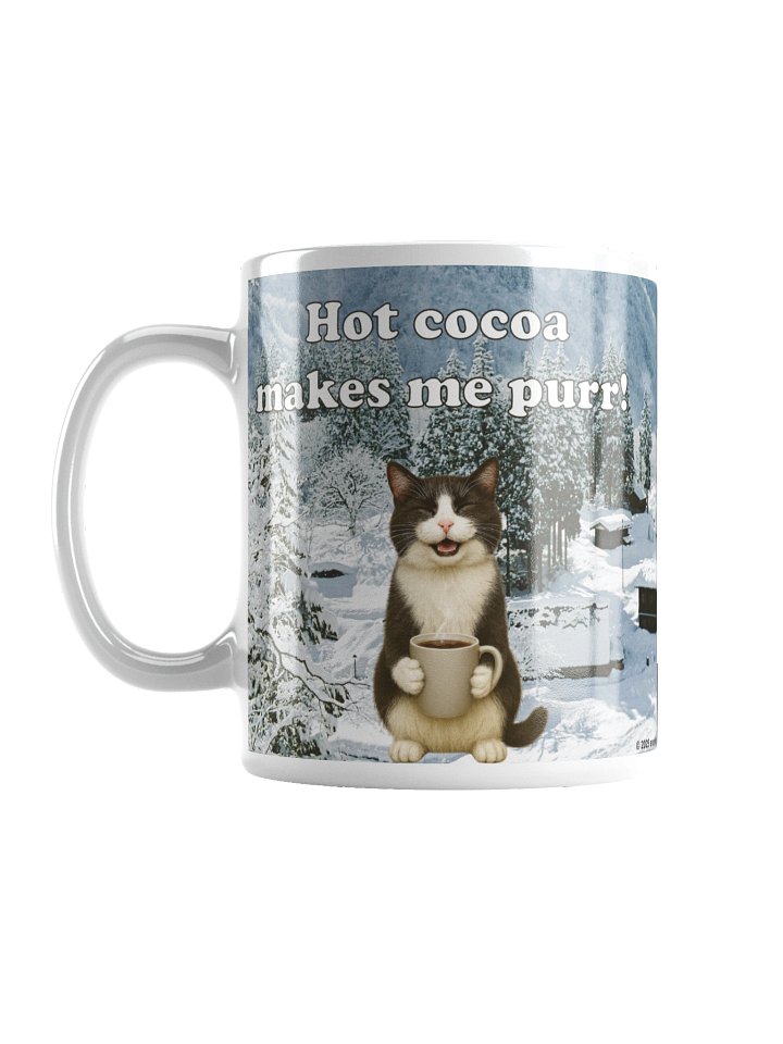 Funny mug: "Hot cocoa makes me purr!" with adorable cat image holding mug. product image (2)