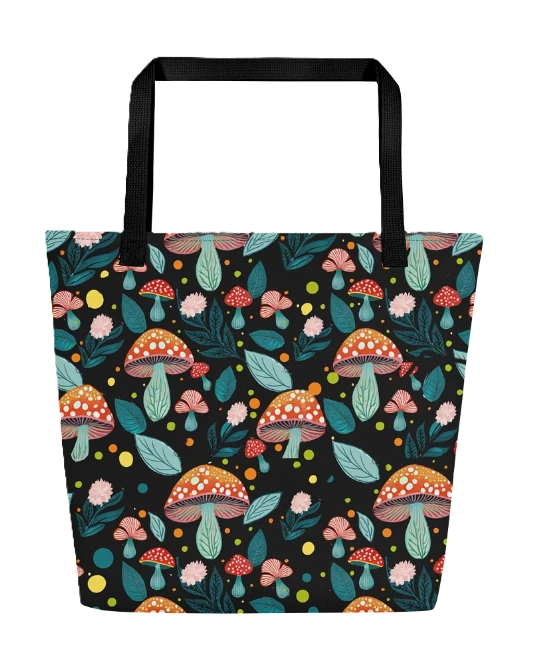 Mushroom tote bag Eco-friendly tote Nature-inspired bag Forest design tote Mushroom pattern accessories Reusable shopping bag Stylish tote bag Nature lover gifts Vibrant mushroom design Sustainable fashion accessory