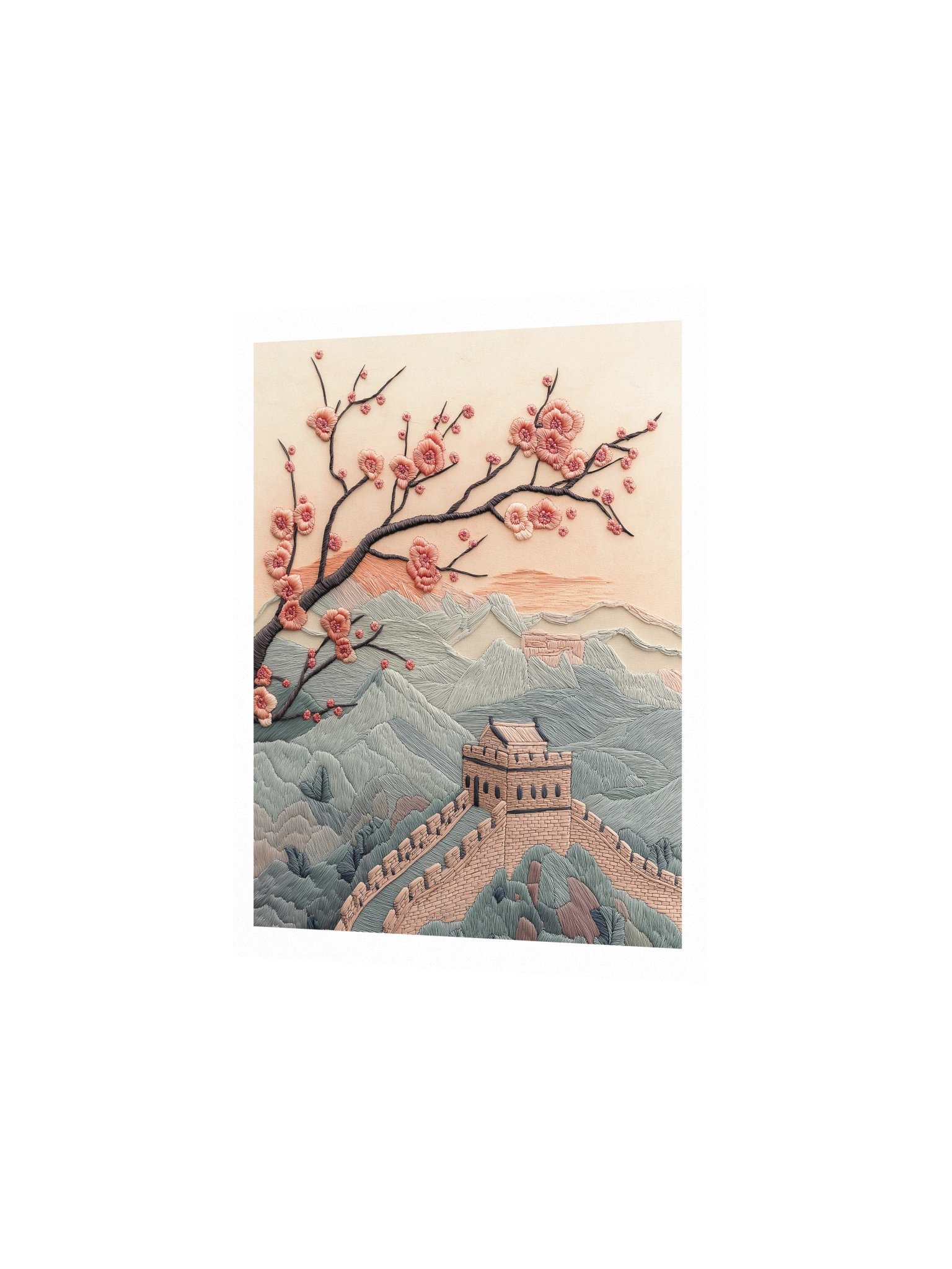 Spring Along the Great Wall | Embroidery-Style Wall Art — Unframed Print product image (2)