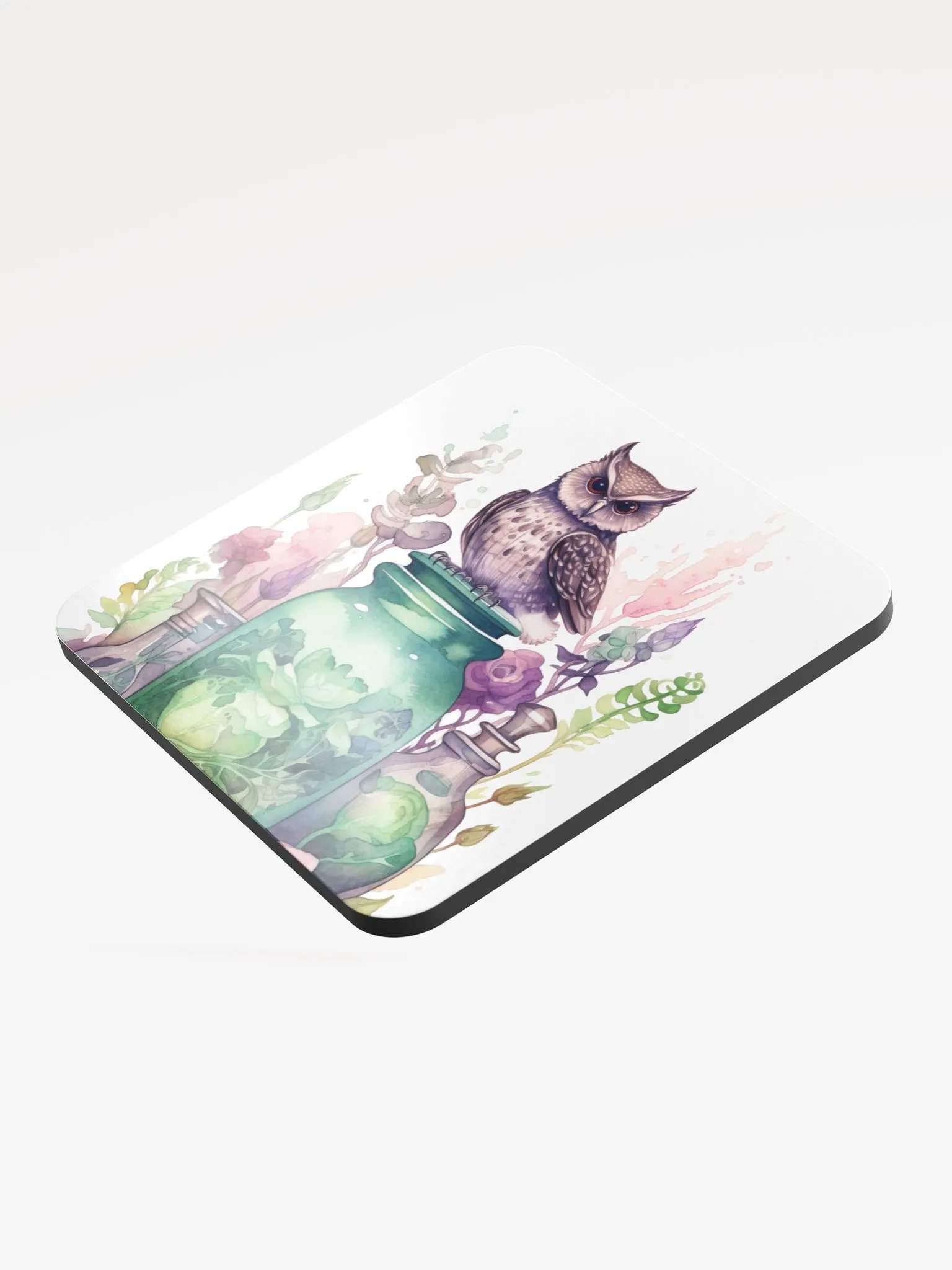 Glossed Cork Coaster 🦉 Peaceful Green with a Hint of Pink - Owls Vibes - Motif 1 product image (3)