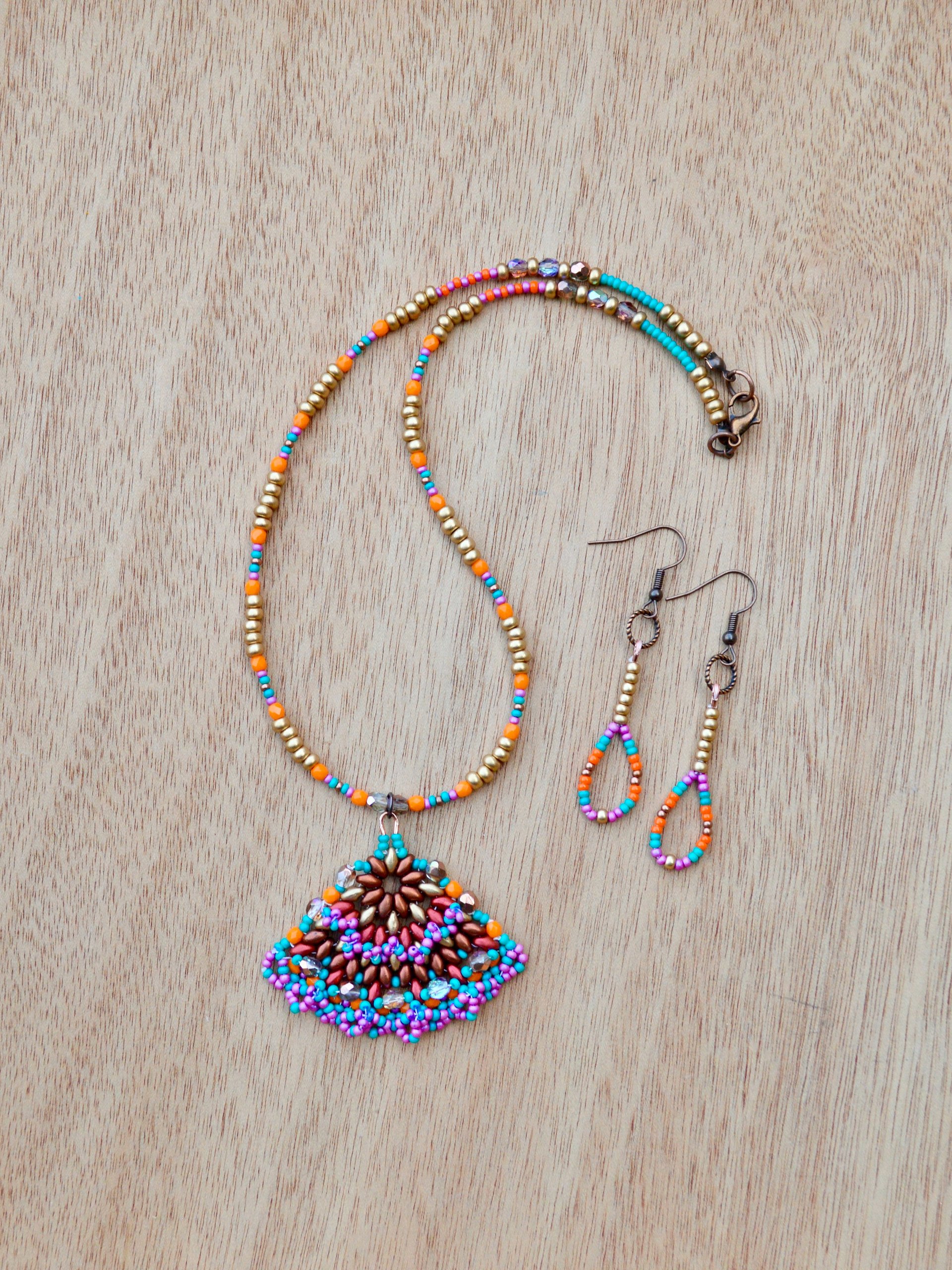 Colorful Seed Bead Handmade Fan Pendant Necklace and Dangle Earrings Jewelry Set Purple, Gold, Orange, Blue product image (4)