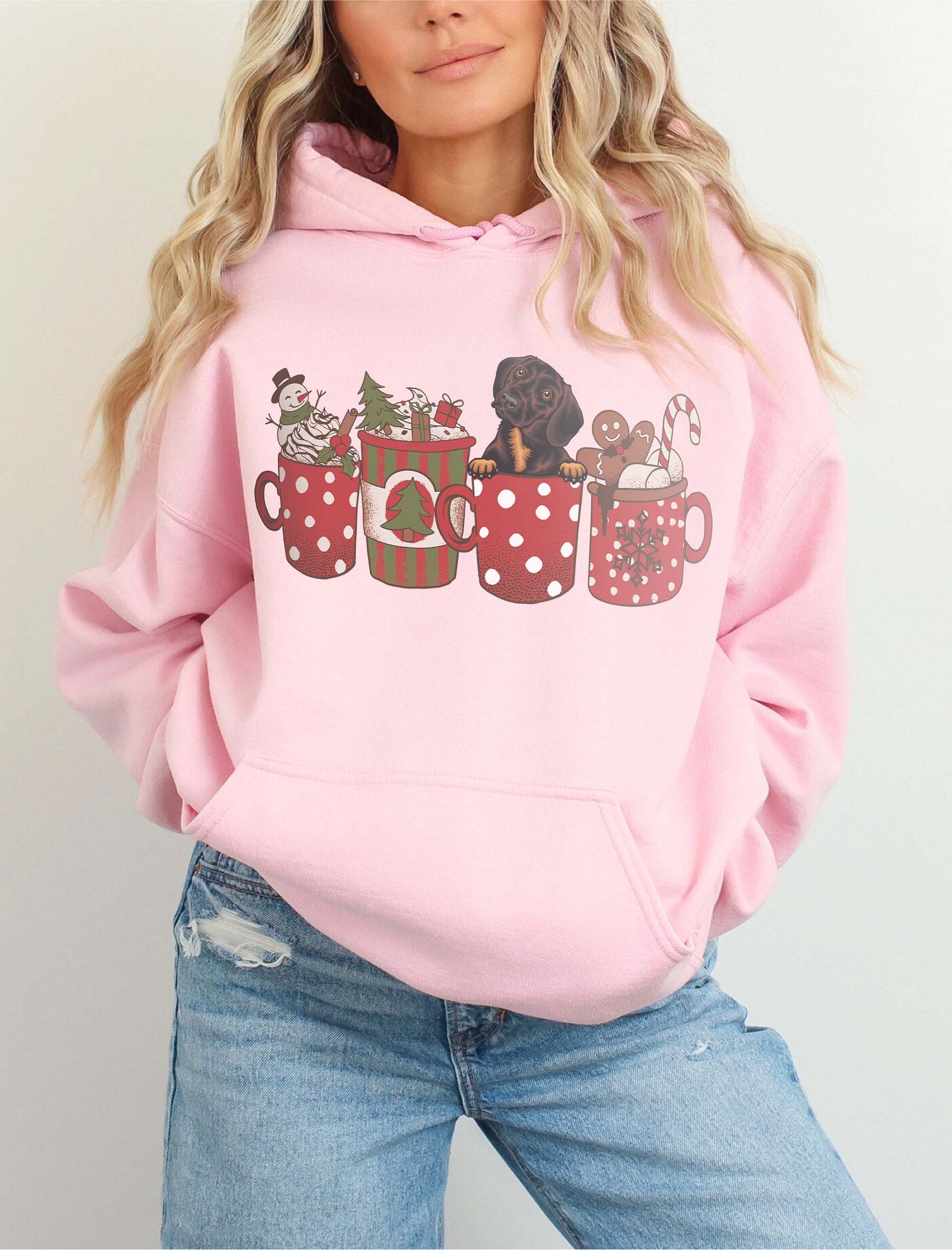 Cute Dachshund(Red) in a Christmas Cup Hooded Sweatshirt | Funny Christmas Doxie/Wiener Pup in a Cup product image (6)