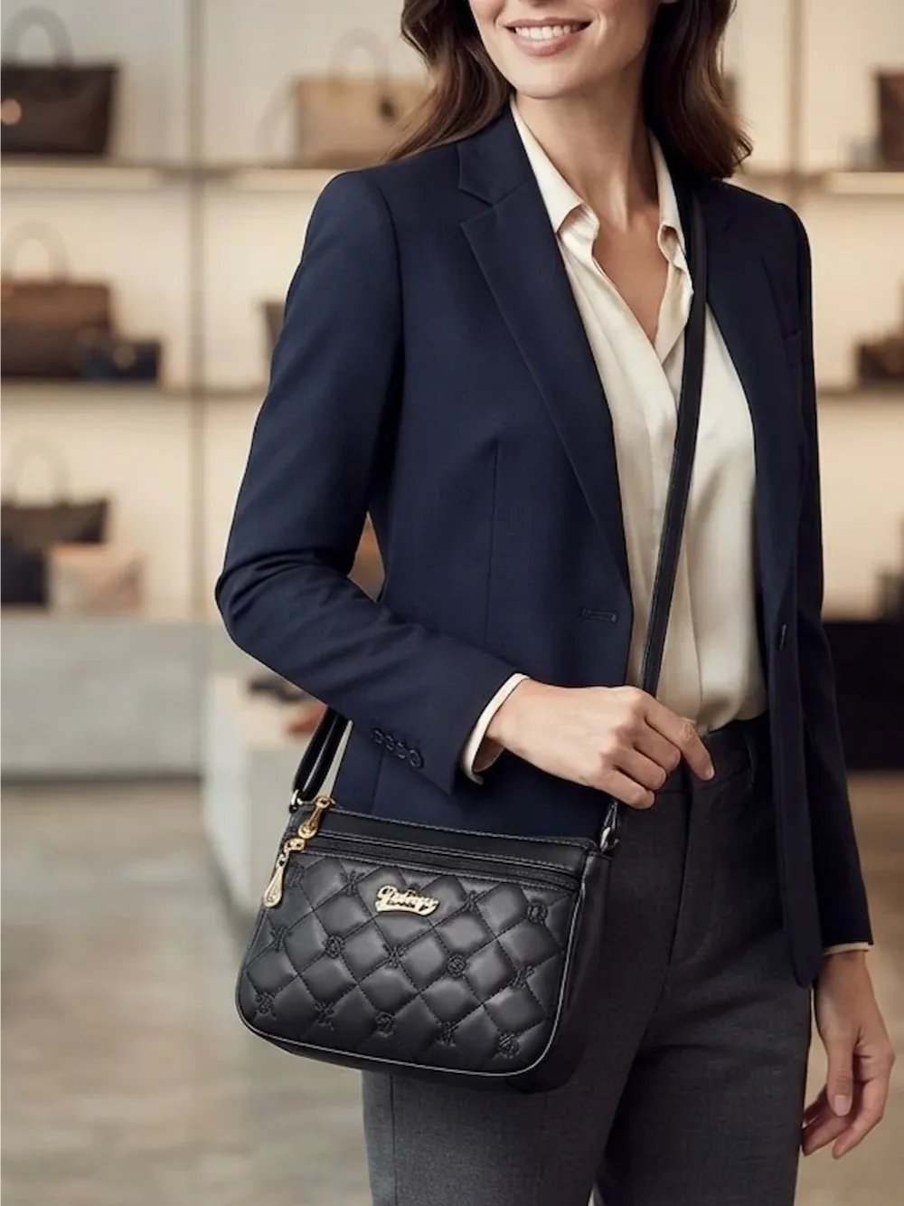 حقيبة نسائية كروس جلد أسود مطرزة - تصميم كلاسيكي أنيق - 26 سم product image (11)