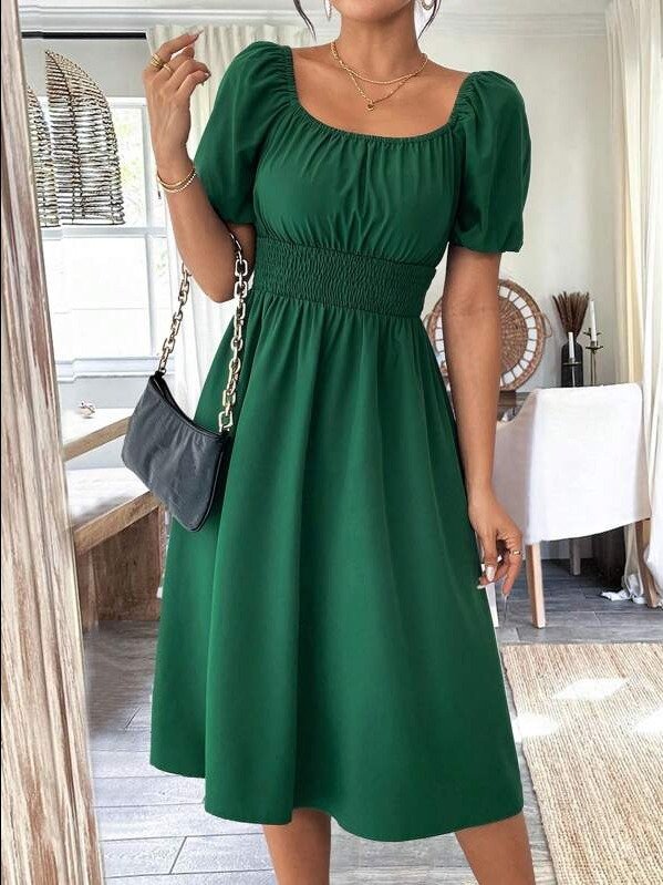 ADLEST | Breezaya 1pc Women Square Collar Puff Sleeve Cinched Waist Palazzo Green Dress, Spring/Summer product image (4)