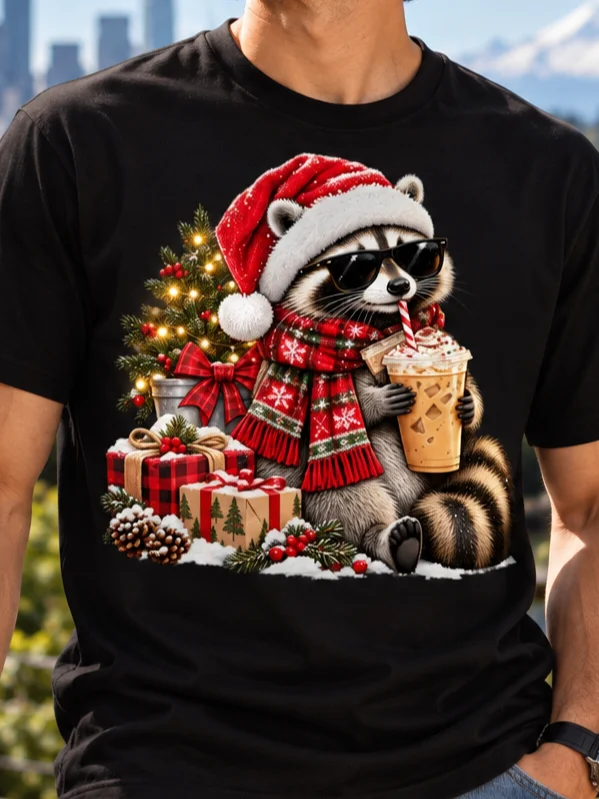 Festive Raccoon Holiday Drink T-shirt product image (2)