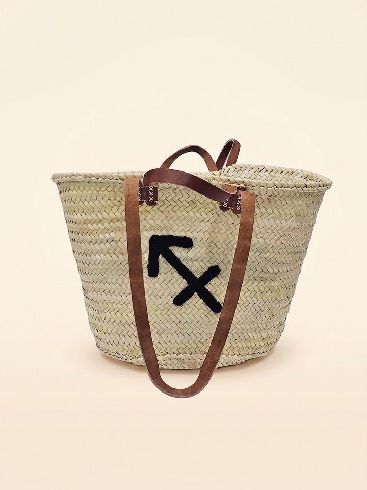Handmade Straw Tote Bag – Sagittarius Zodiac Monogram Market Basket product image (2)