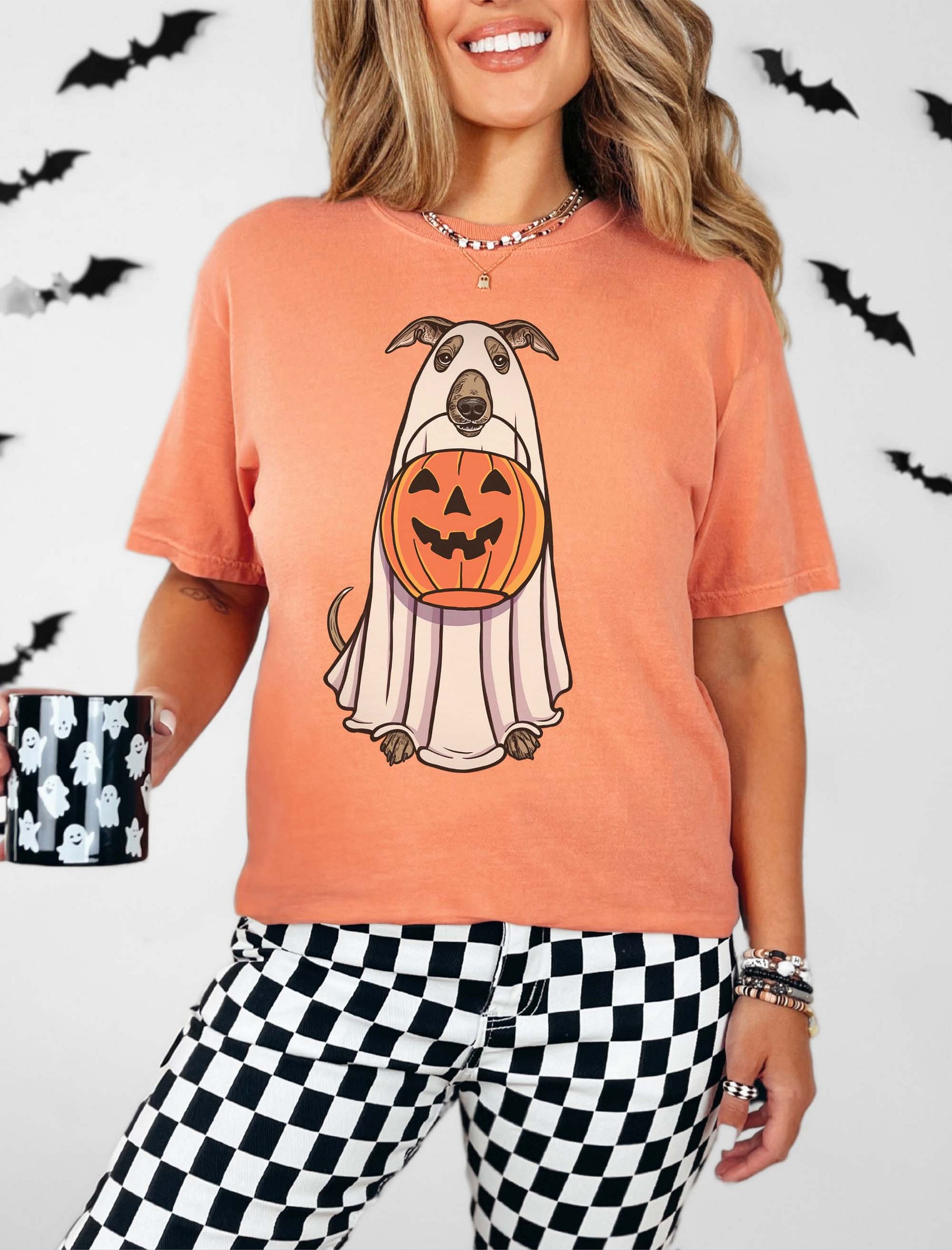 Funny Halloween Italian Greyhound(Blue Fawn) T-Shirt | Funny Iggy Wearing a Ghost Costume and Holding a Pumpkin Basket product image (2)