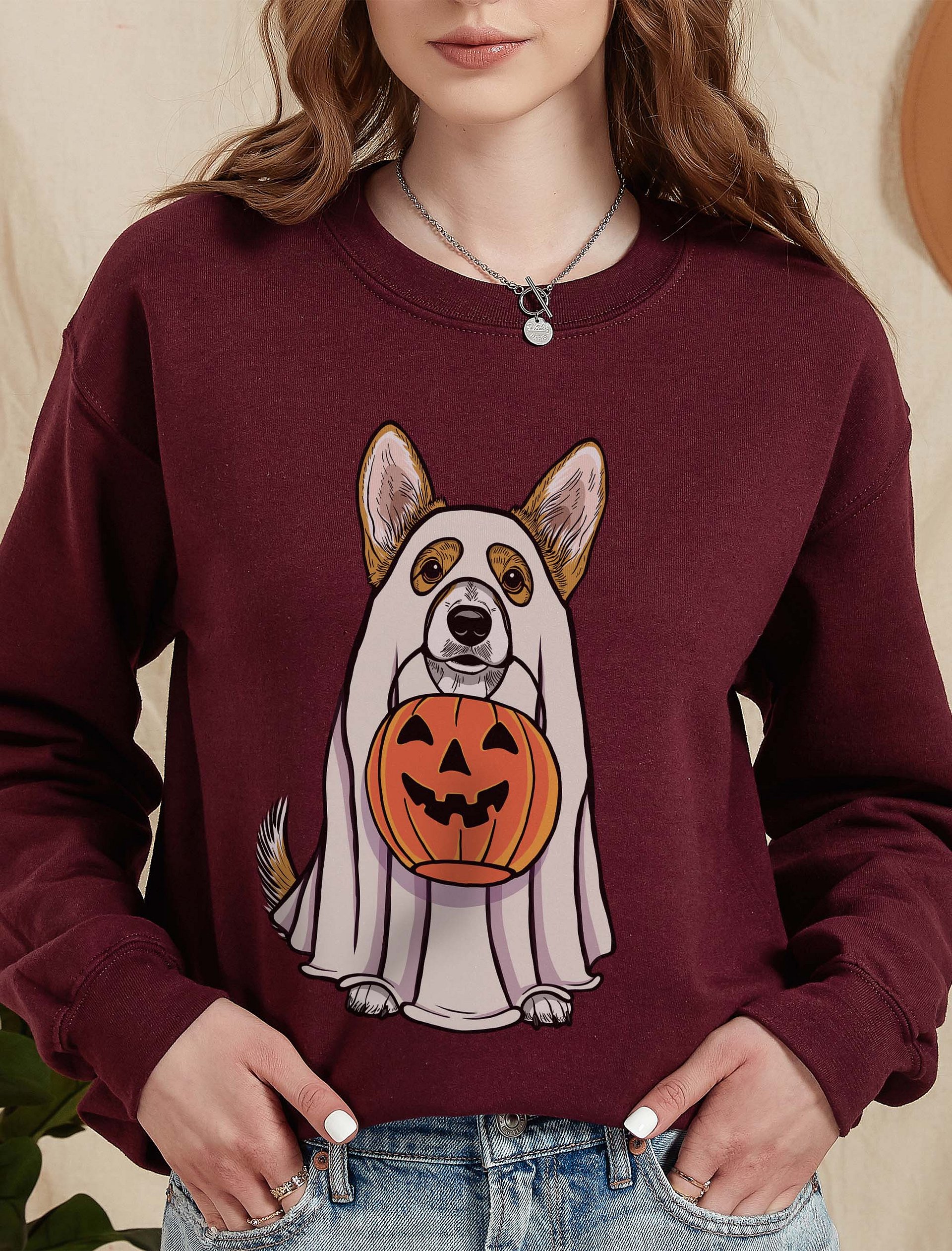Funny Halloween Cardigan Welsh Corgi Sweatshirt | Funny Corgi Wearing a Ghost Costume and Holding a Pumpkin Basket product image (2)