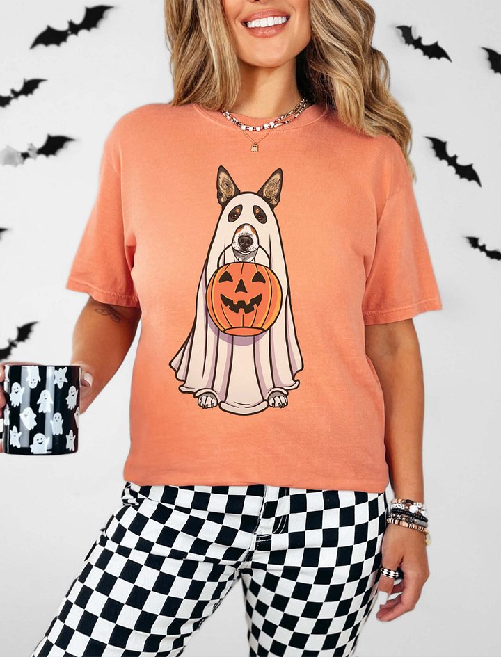 Funny Halloween Basenji(Tricolor) T-Shirt | Funny Basenji Wearing a Ghost Costume and Holding a Pumpkin Basket product image (2)