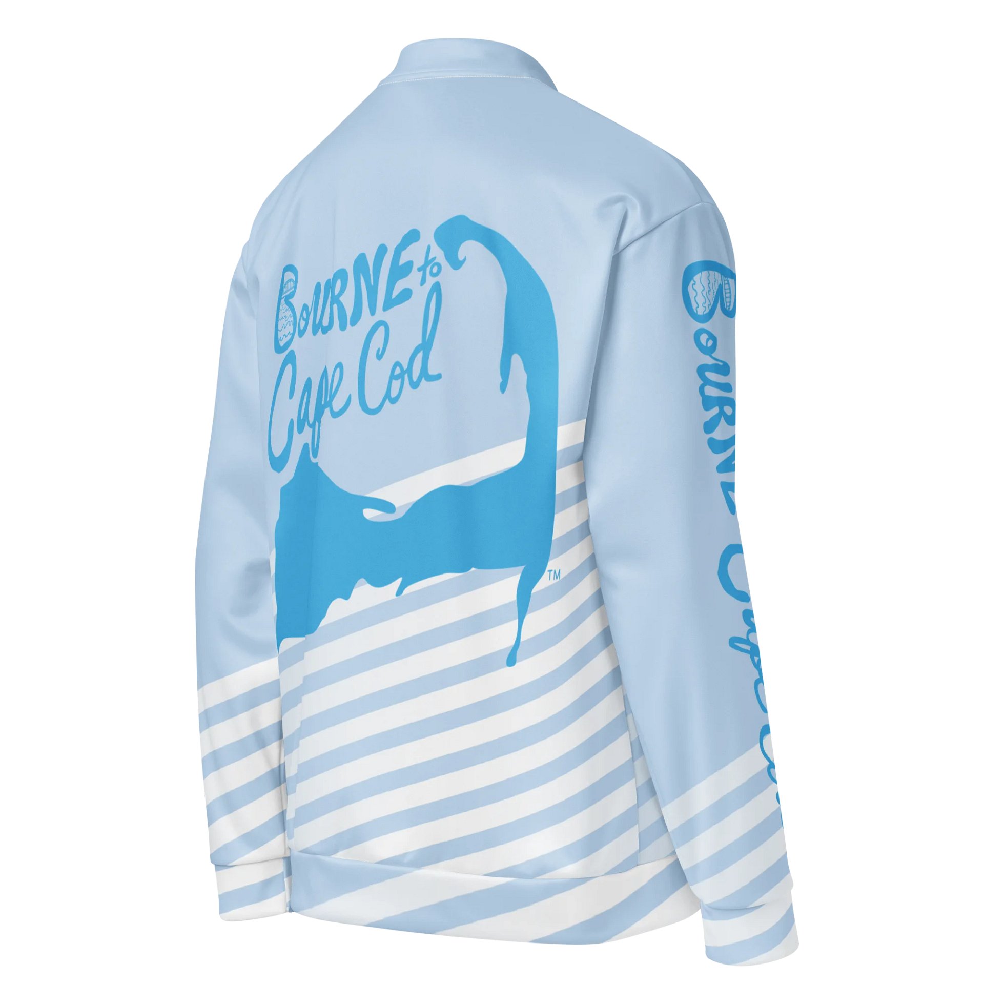 All-Over Print Bomber Jacket | Coastal Cool, City Bold | BOURNE to Cape Cod™ + BRN.2C.C.™ Style | Deep Sky Blue Logos on Skyline Stripes product image (4)