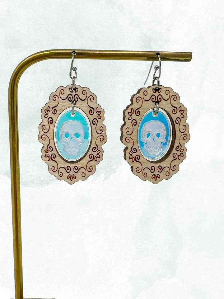 Holo Skull Frame Earrings (Wood) product image (1)