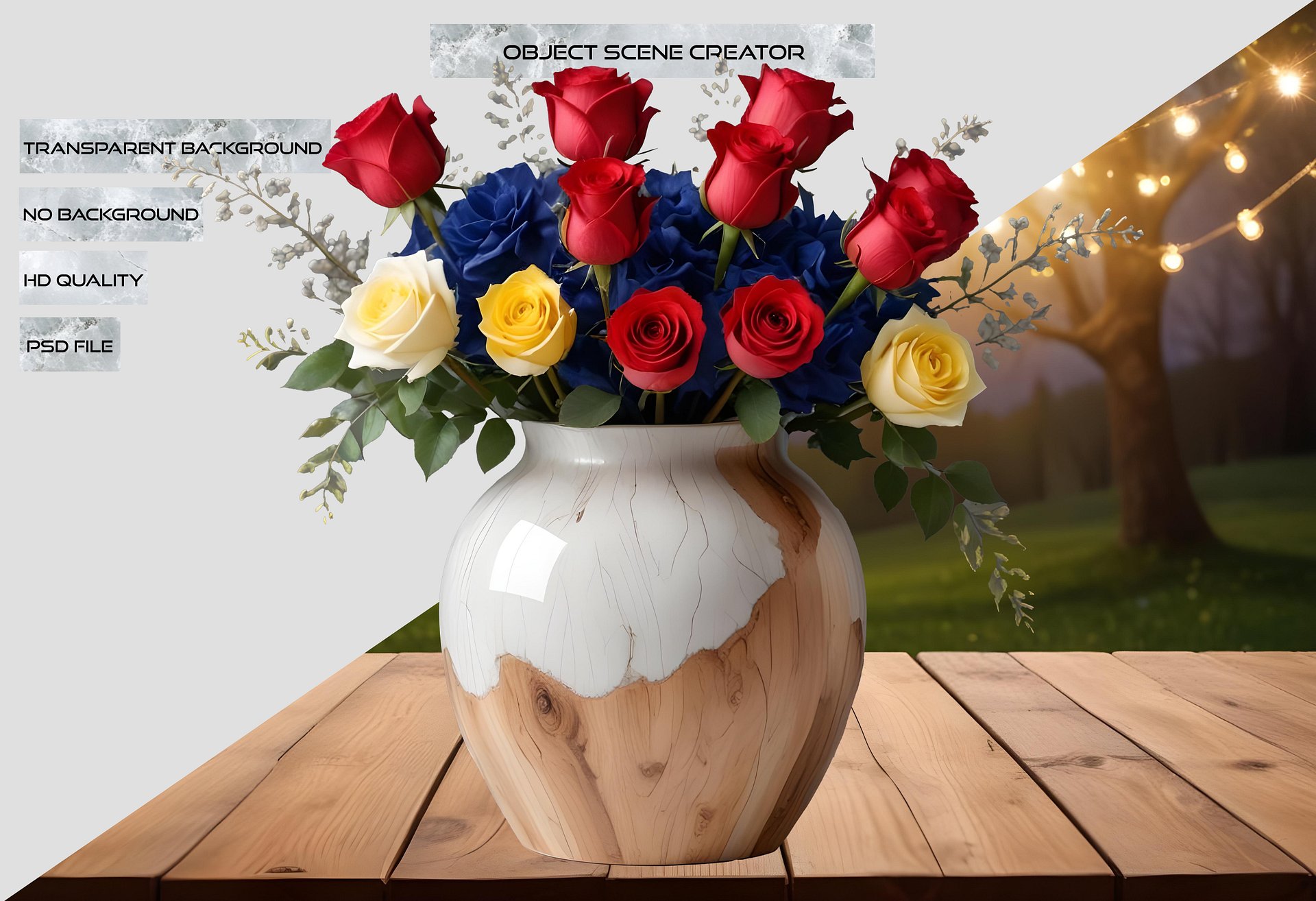 Rustic Romance Wooden Vase with Multicolor Roses PNG product image (2)
