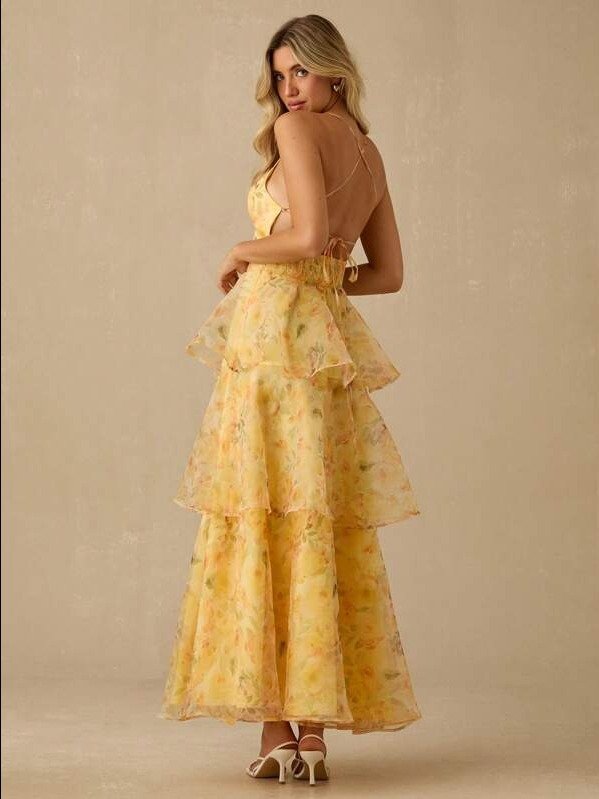 ADLEST Women's Floral Print Layered Ruffle Hem Elegant Spaghetti Strap Dress product image (2)