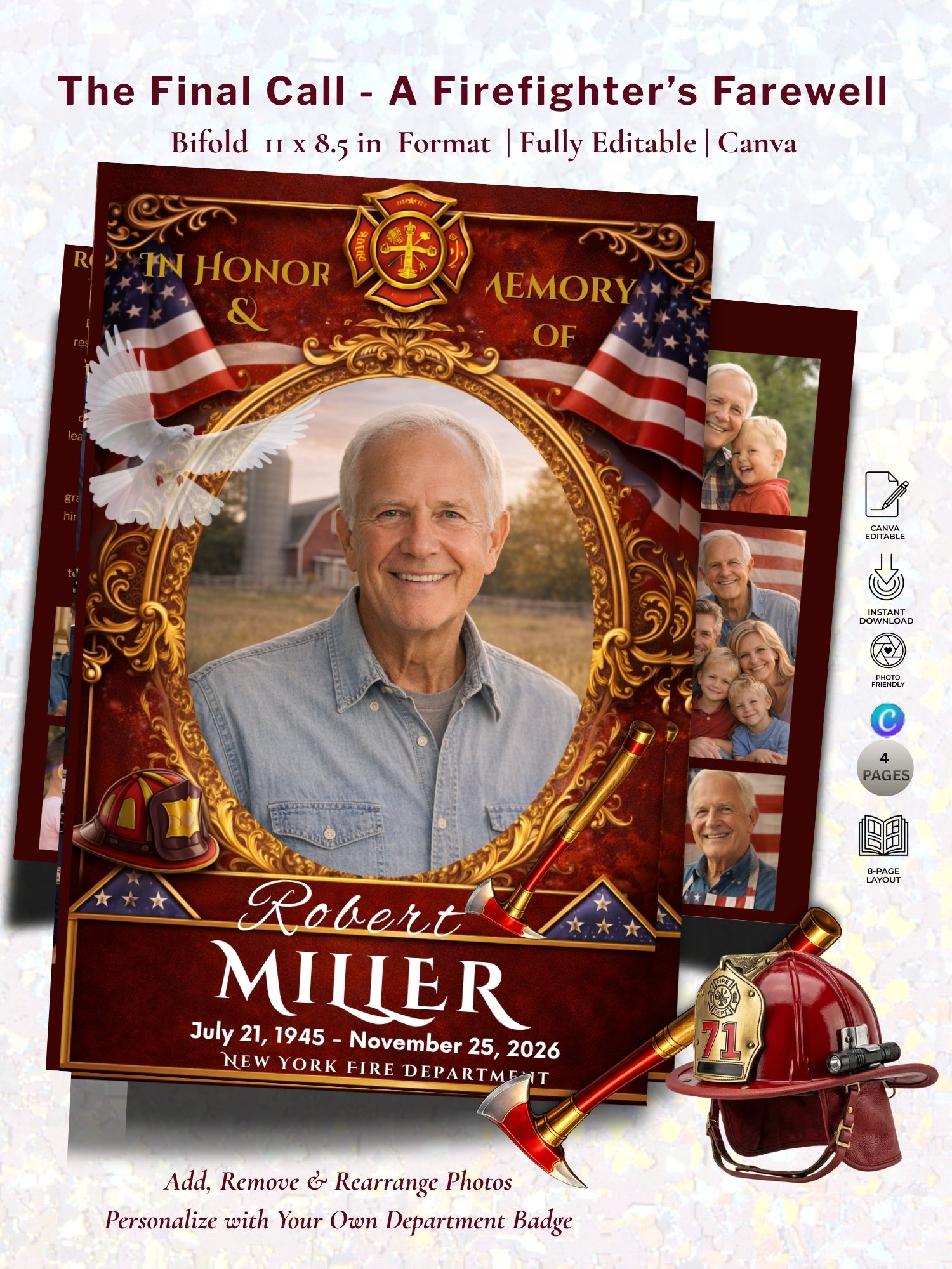 Firefighter Funeral Program Template | 4 Page Bifold Memorial | Thin Red Line Fire Dept Tribute | Editable Star of Florian Design product image (1)