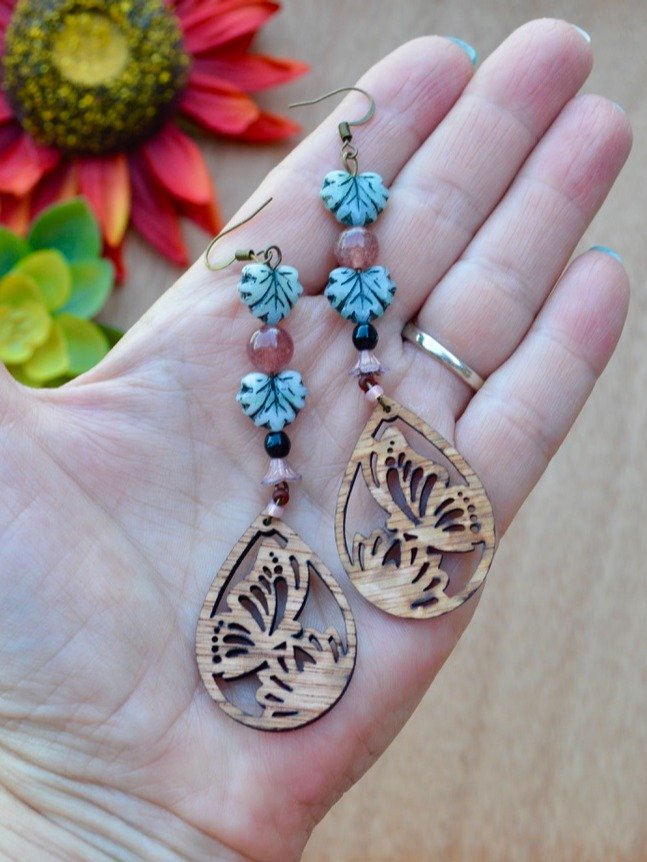Strawberry Quartz Gemstone Dangle Earrings With Olive Green Czech Glass Leaf Beads And Lazer Cut Butterfly Wooden Teardrops product image (1)