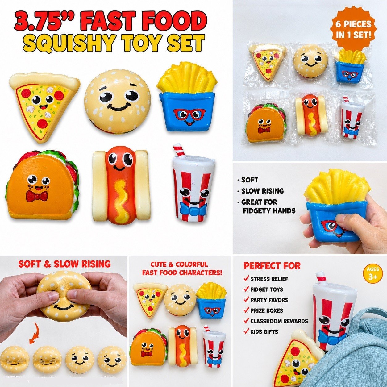 Cute Fast Food Slow-Rising Squishy Toy Set (6-Pack) - Sensory Fidget Kit product image (2)