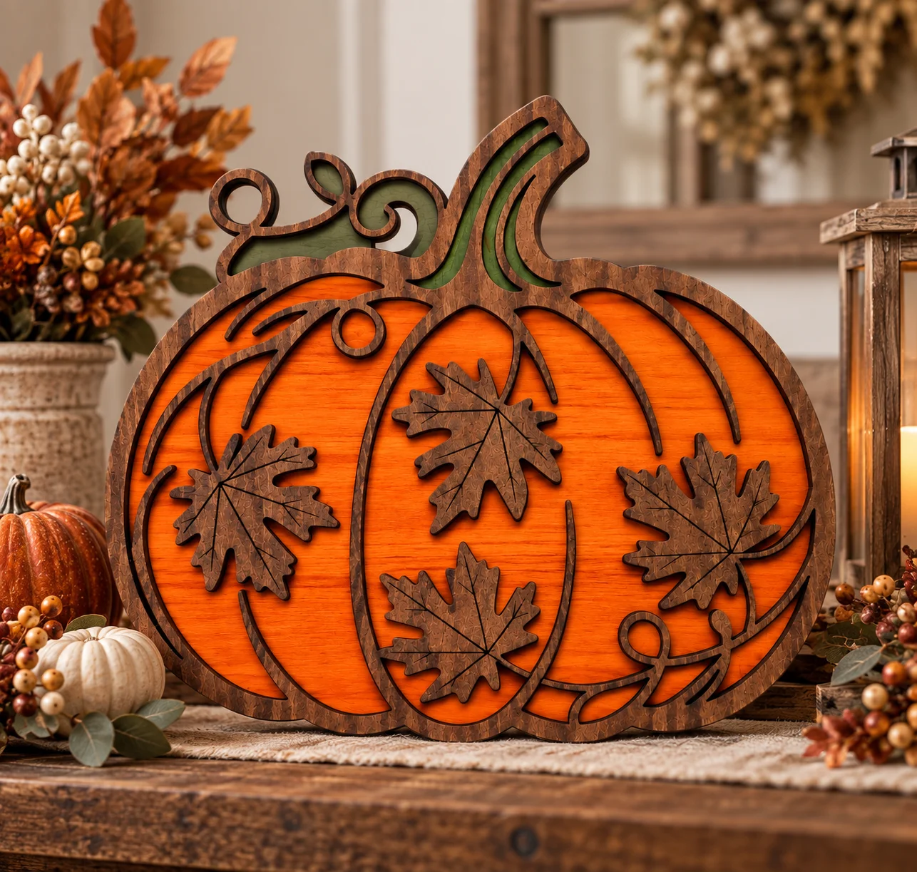 16" Handmade Layered Wooden Pumpkin – Rustic Fall Leaf Décor product image (1)