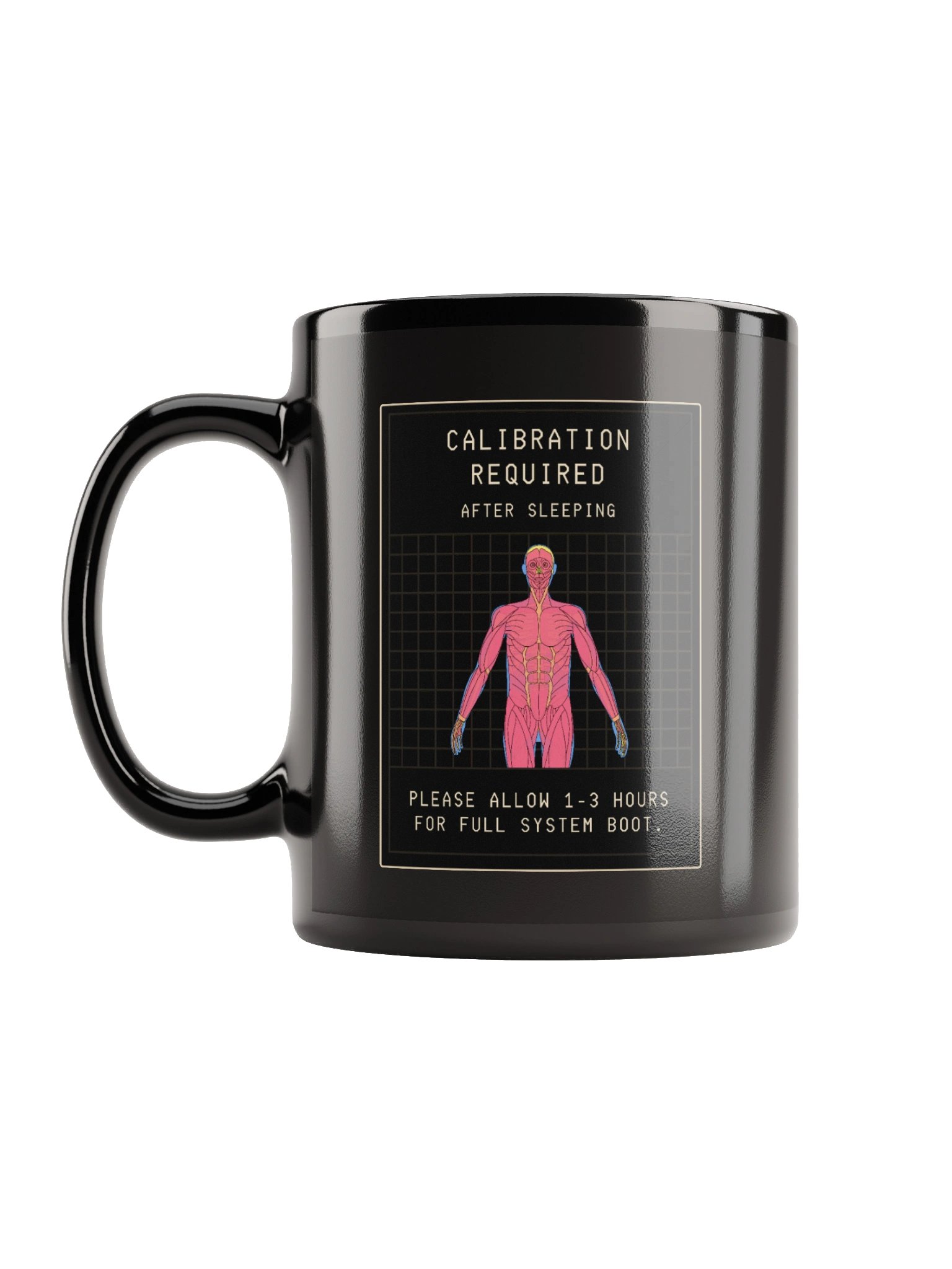 Calibration Required Black Mug | Chronic Illness Morning Boot Humor Cup product image (1)