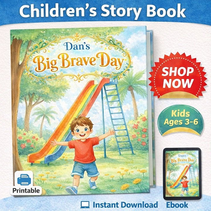 Children’s Storybook PDF | 21 Pages Printable Kids Book | Instant Download eBook | Ages 3–6 | Bedtime Story | Dan’s Big Brave Day product image (1)