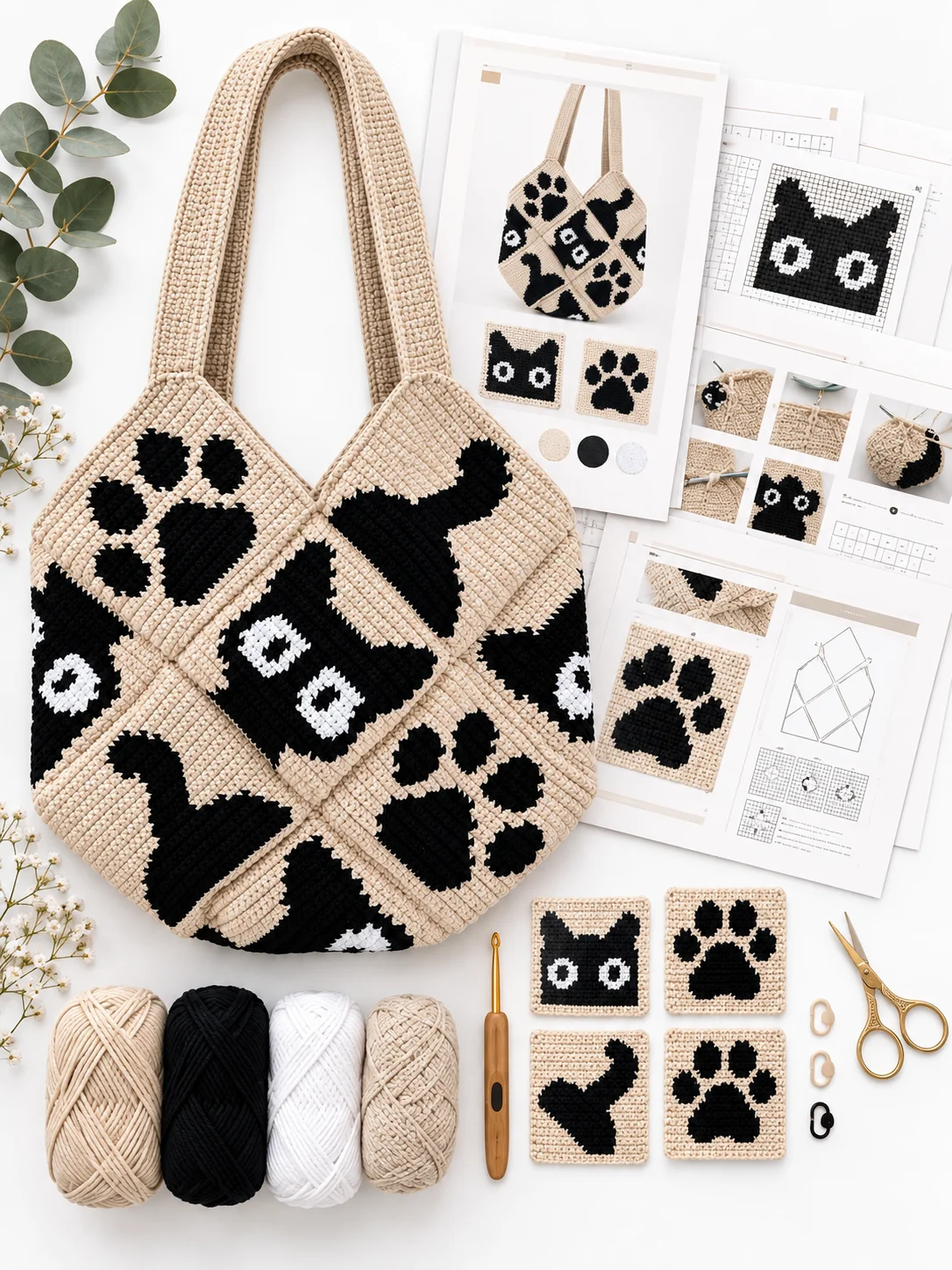 Cat Crochet Tote Bag Pattern PDF | Paw Print Mosaic Design 🐾 product image (5)