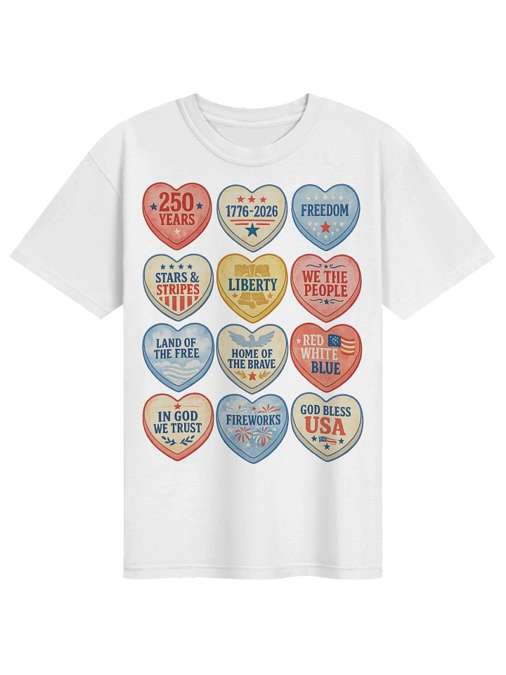 USA 250th Anniversary Candy Hearts T-Shirt | Patriotic 1776–2026 America Celebration Tee product image (1)